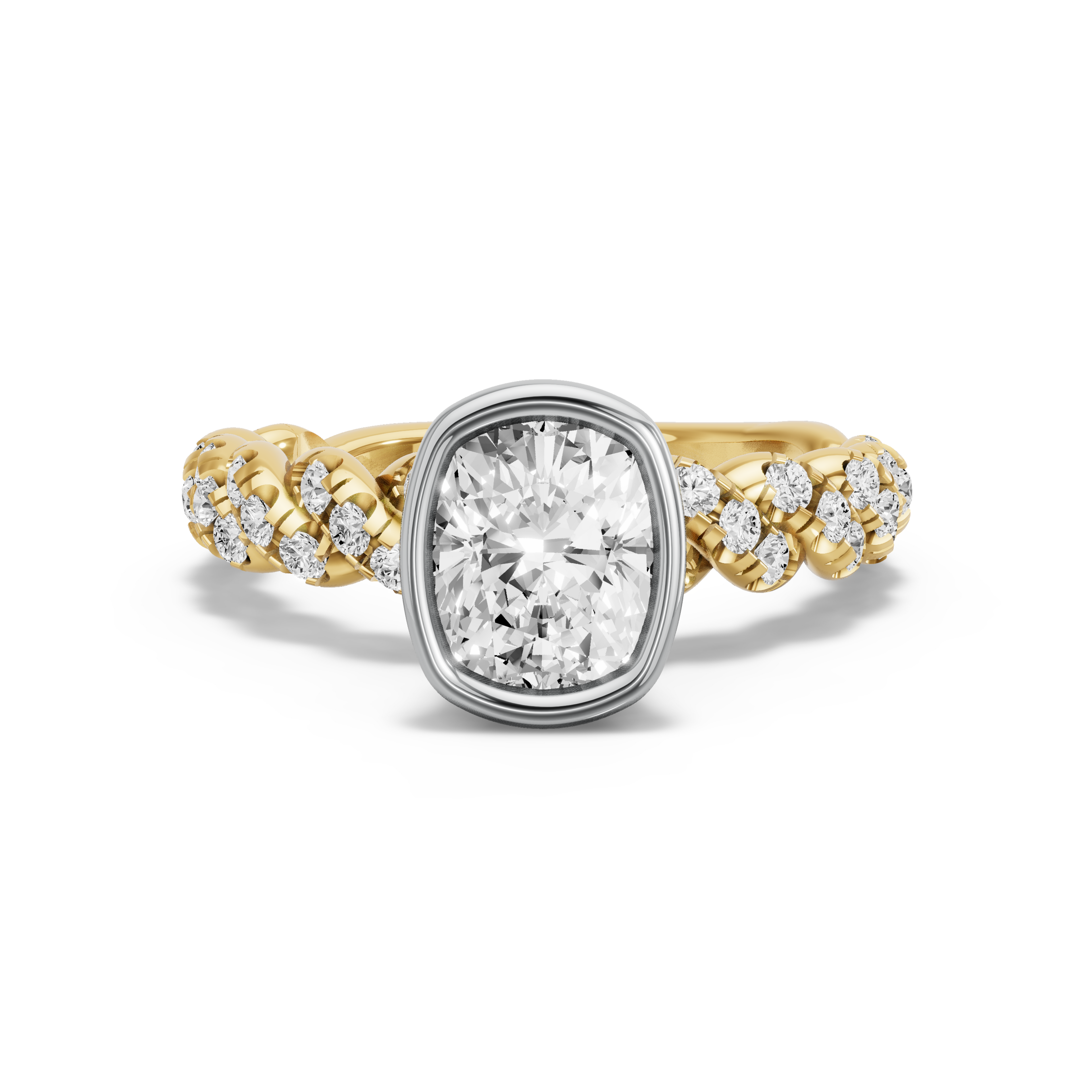 Image for Cushion Classic Bezel Ring with Twist Pave band in 10K Two Tone Yellow Gold