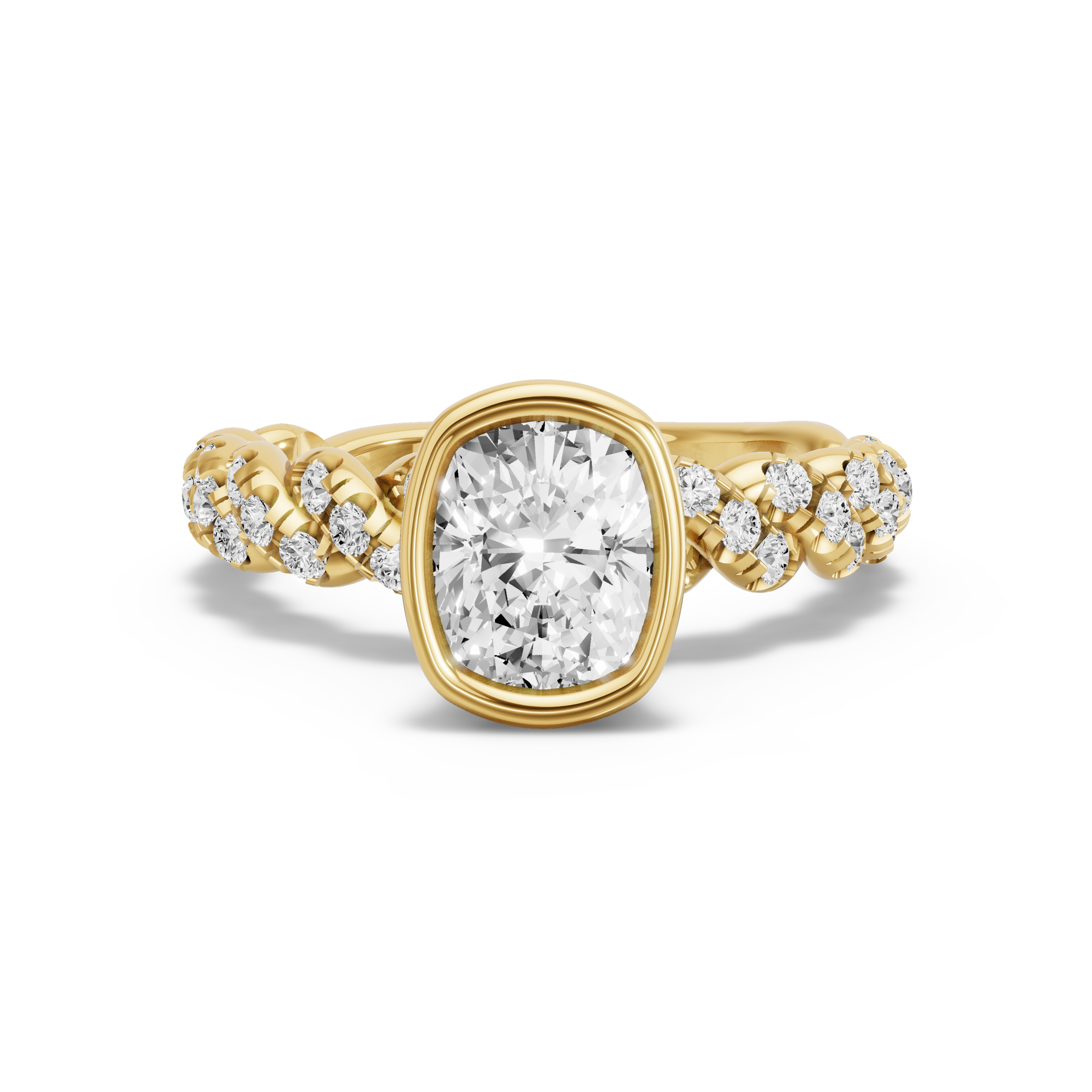 Image for Cushion Classic Bezel Ring with Twist Pave band in 18K Yellow Gold