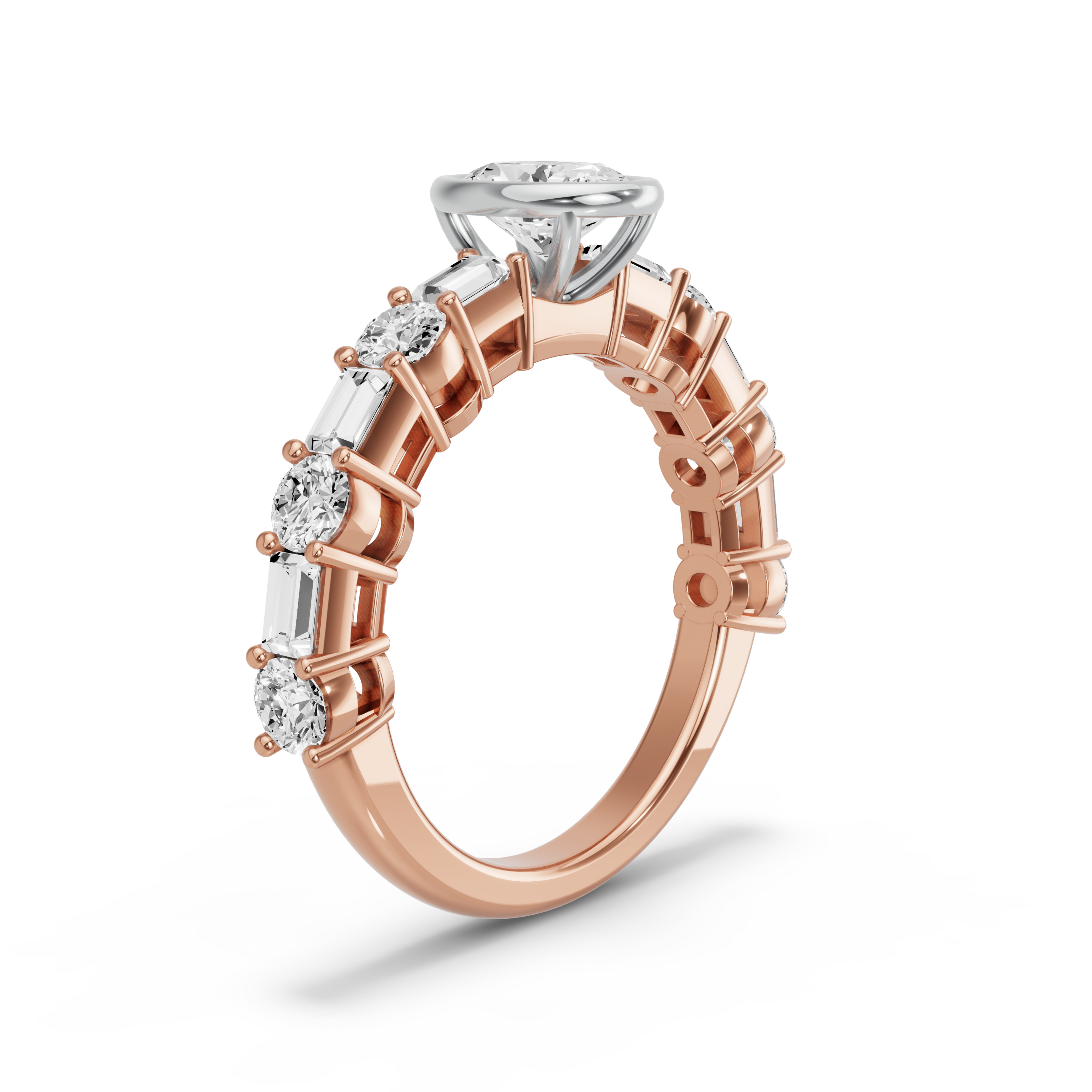 Image for Oval Classic Bezel Ring with Alternating Baguette band in 10K Two Tone Rose Gold