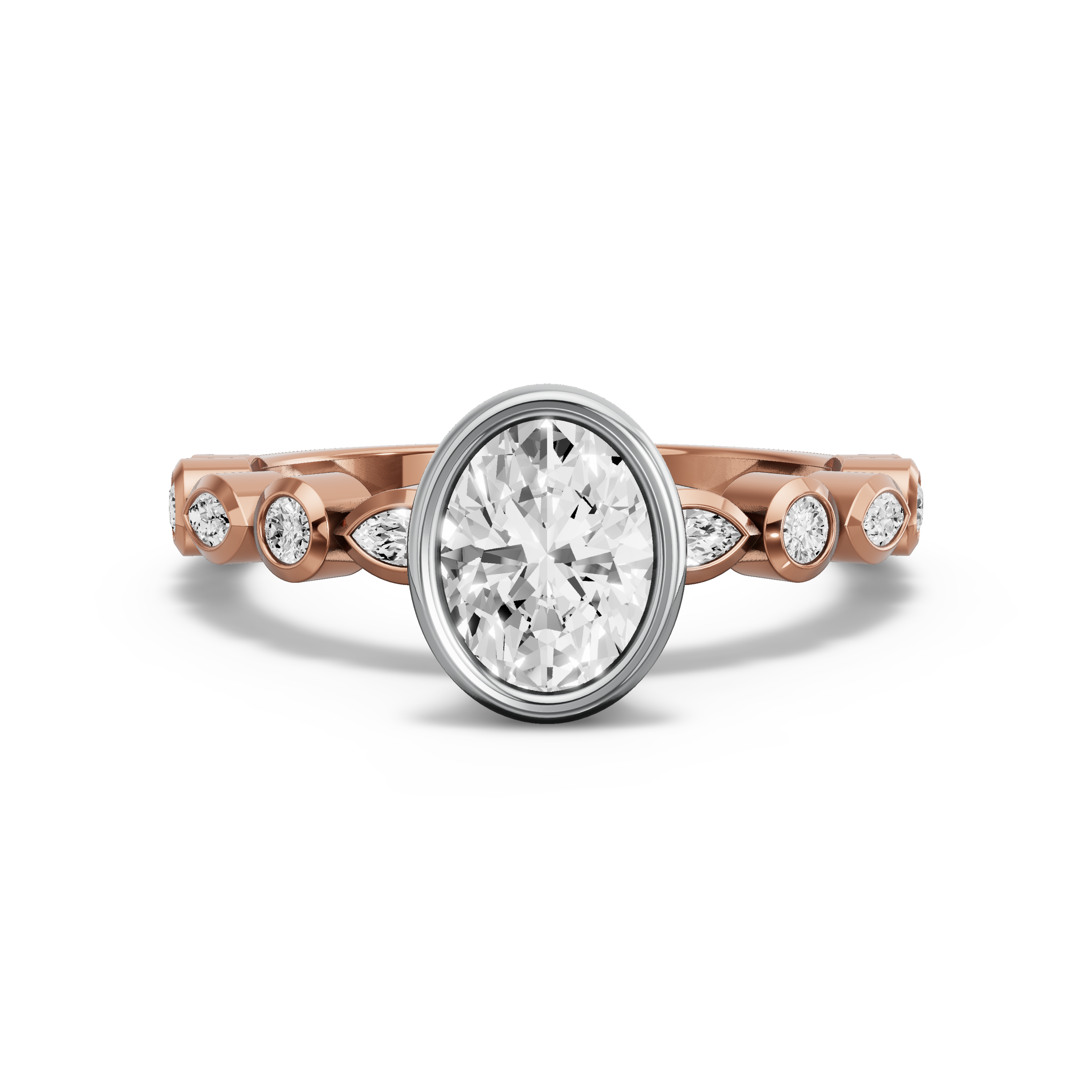 Image for Oval Classic Bezel Ring with Alternating Marquise band in 14K Two Tone Rose Gold