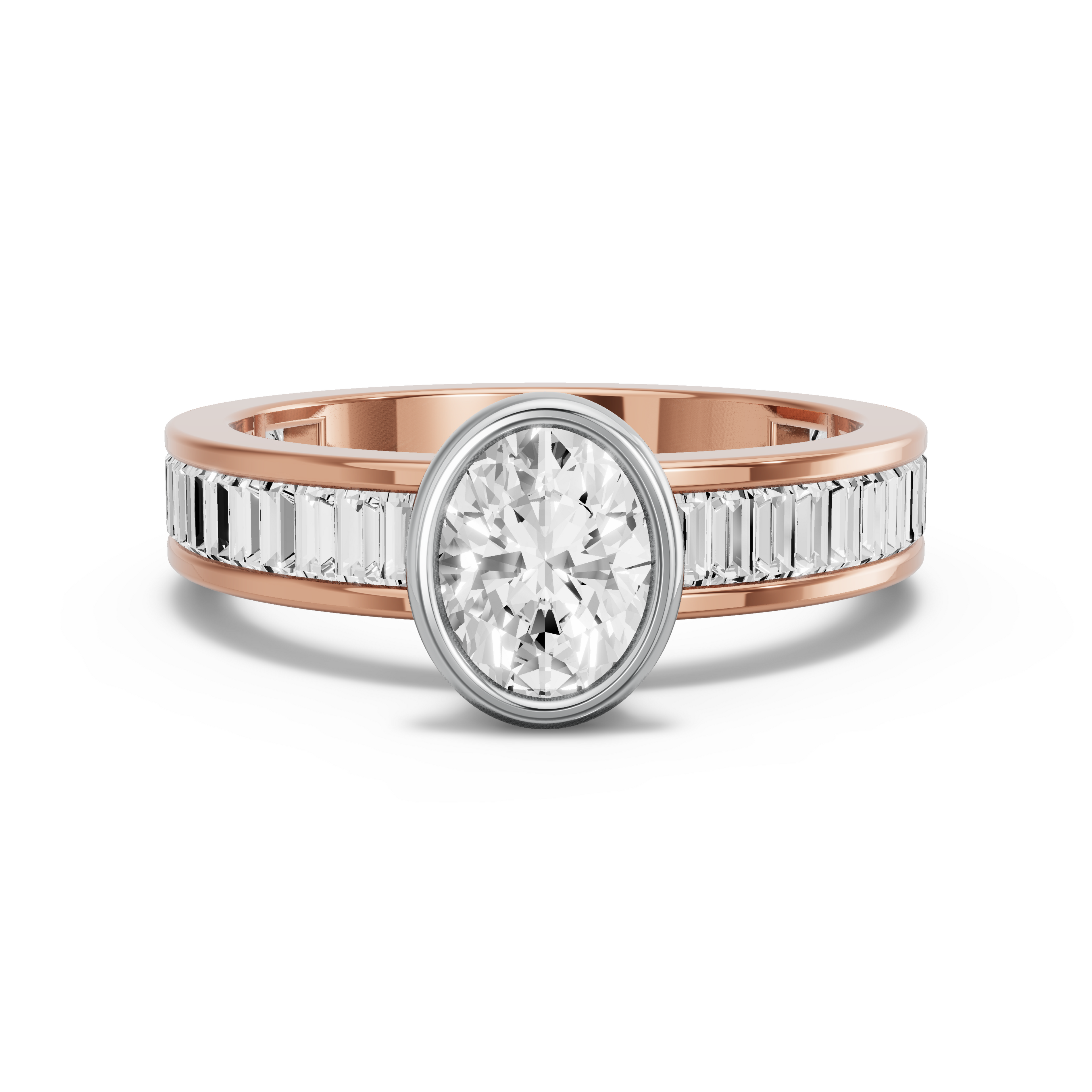 Image for Oval Classic Bezel Ring with Baguette Channel band in 10K Two Tone Rose Gold