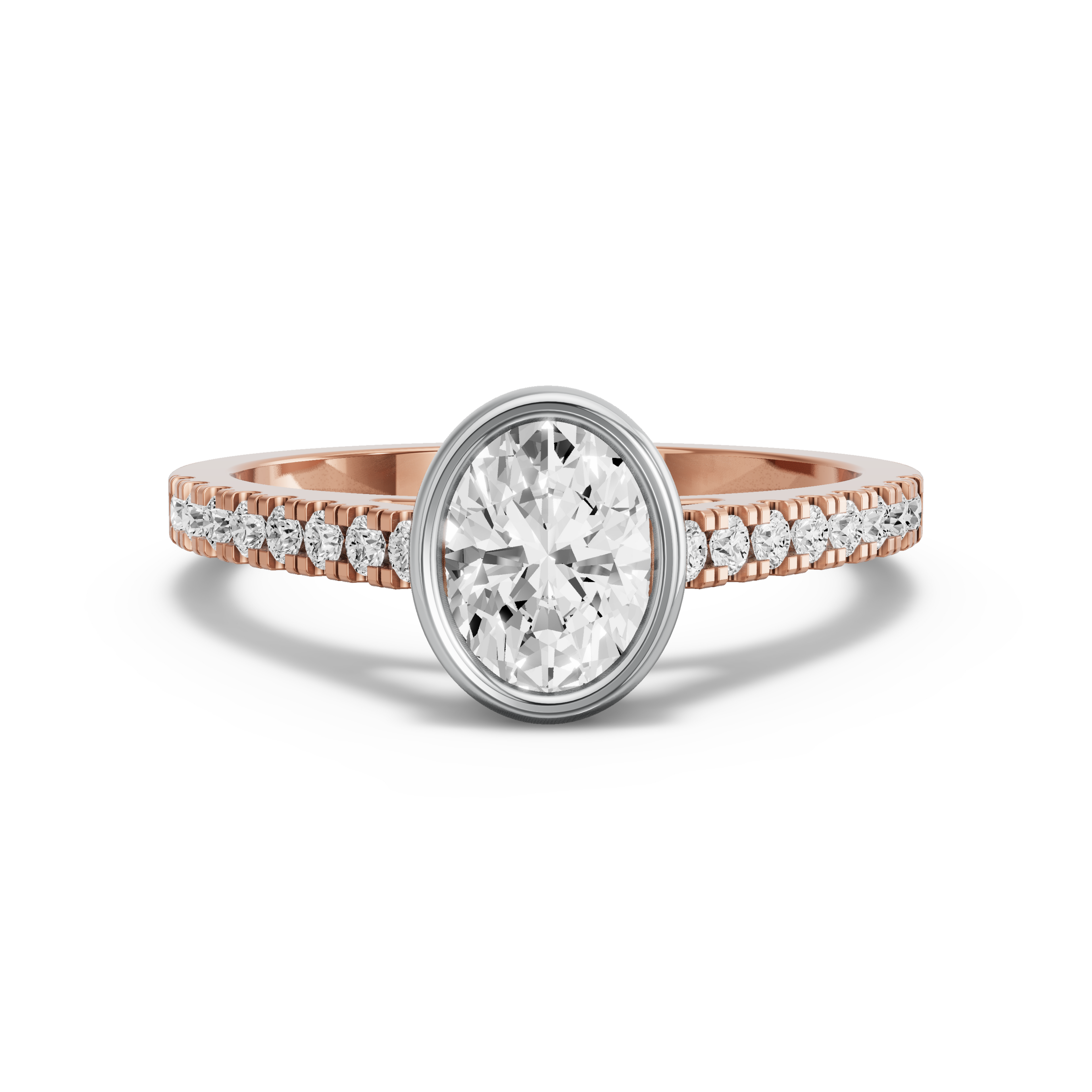 Image for Oval Classic Bezel Ring with Cathedral Pave band in 14K Two Tone Rose Gold