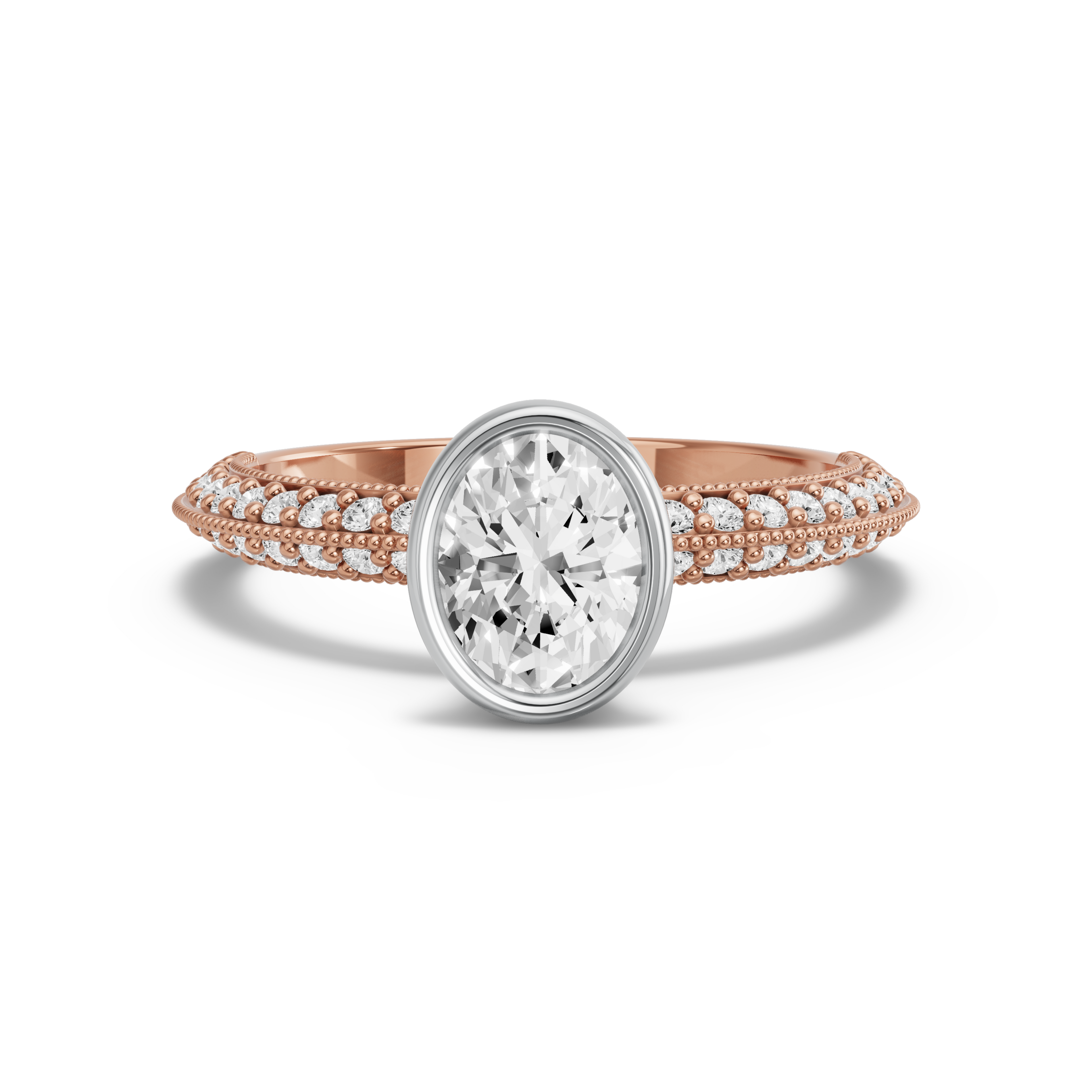 Image for Oval Classic Bezel Ring with Knife Edge Pave band in 10K Two Tone Rose Gold