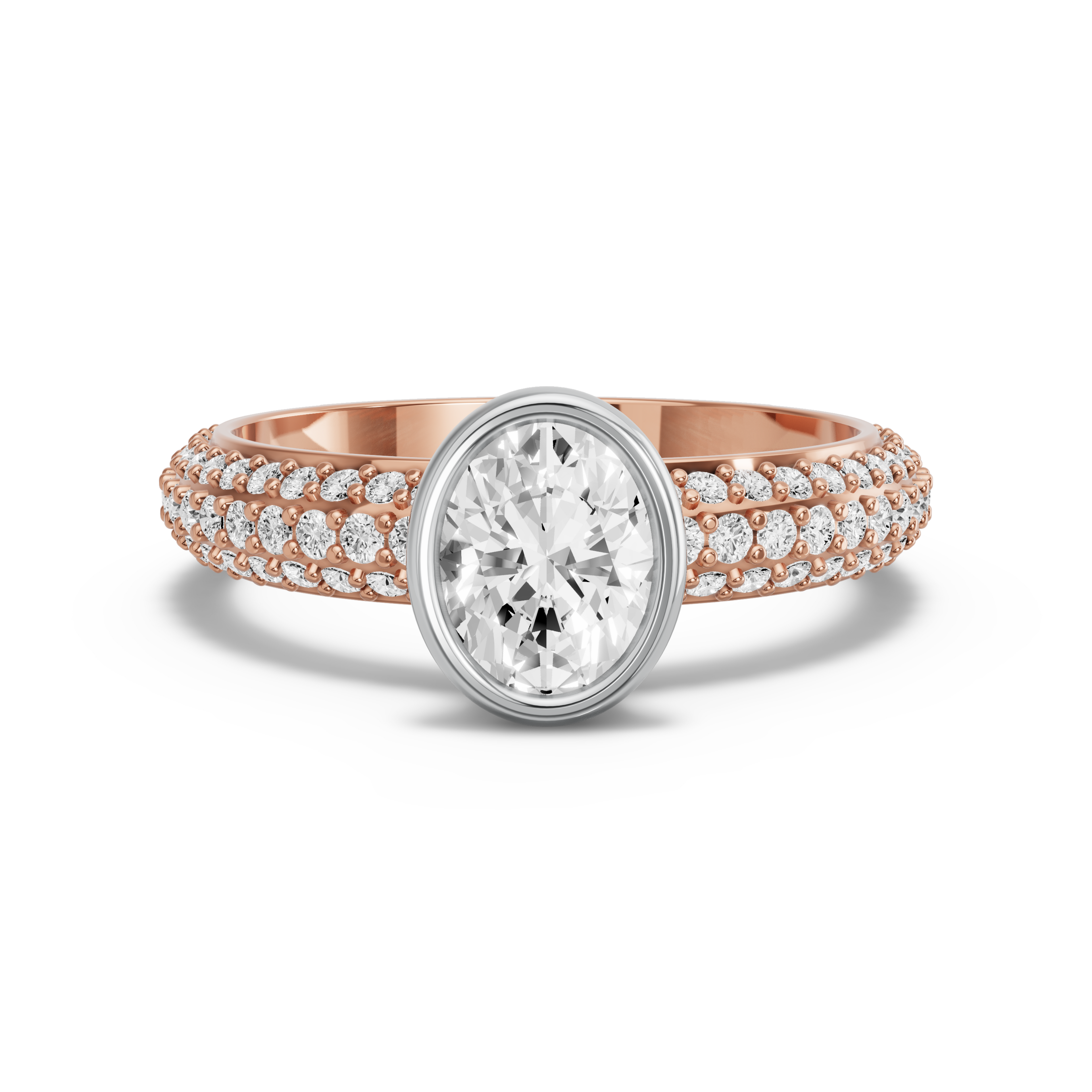 Image for Oval Classic Bezel Ring with Triple Row Pave band in 10K Two Tone Rose Gold