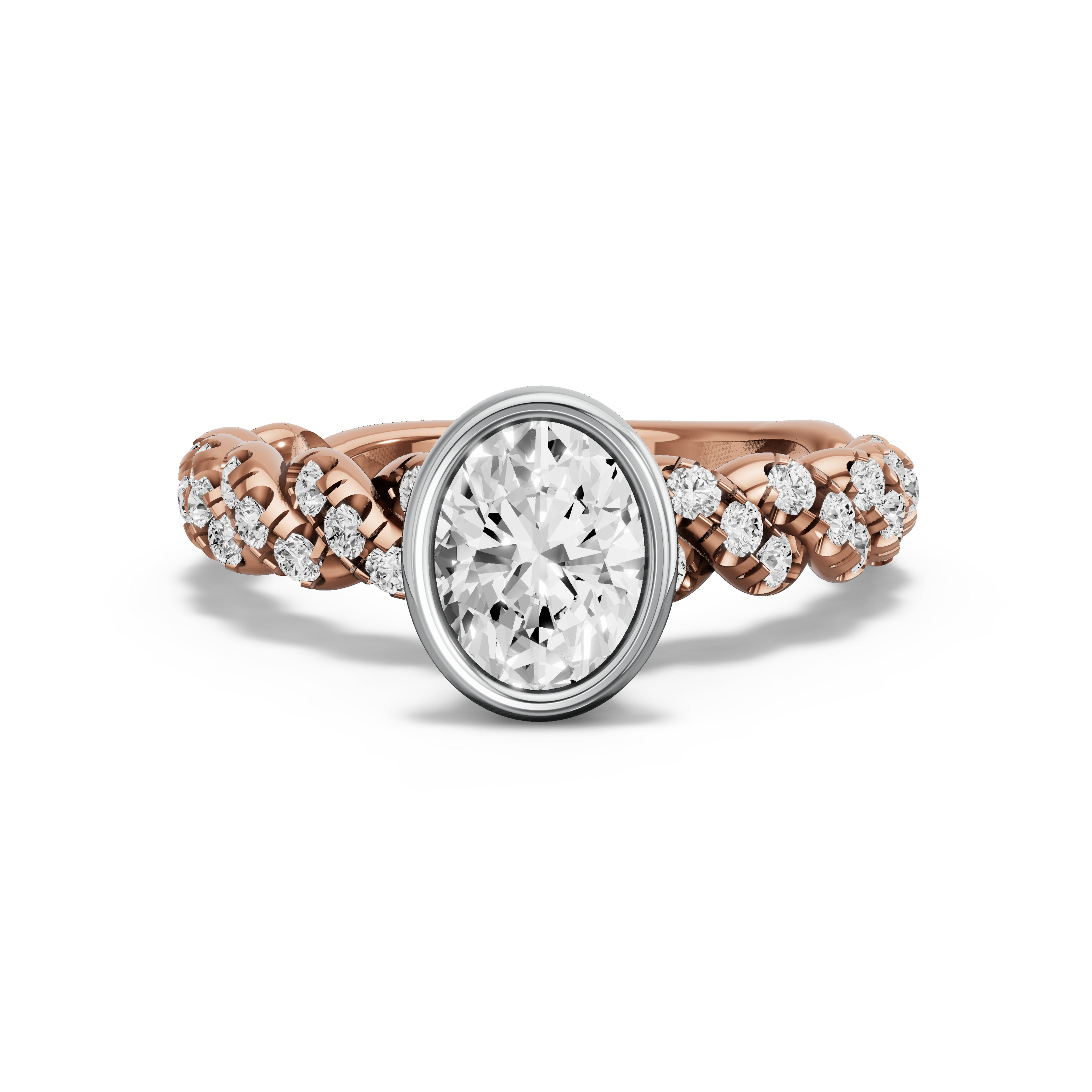 Image for Oval Classic Bezel Ring with Twist Pave band in 10K Two Tone Rose Gold