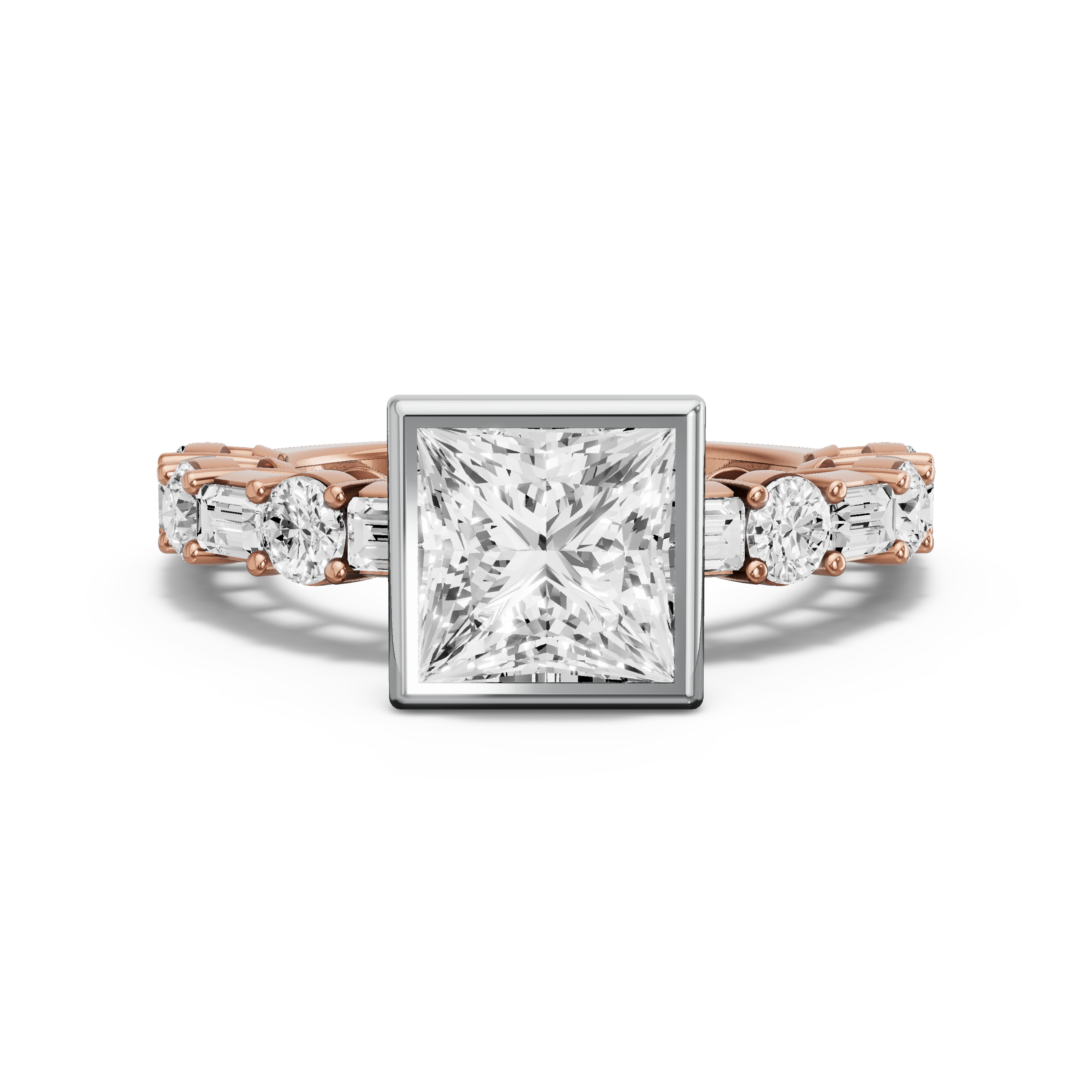 Image for Princess Classic Bezel Ring with Alternating Baguette band in 18K Two Tone Yellow Gold