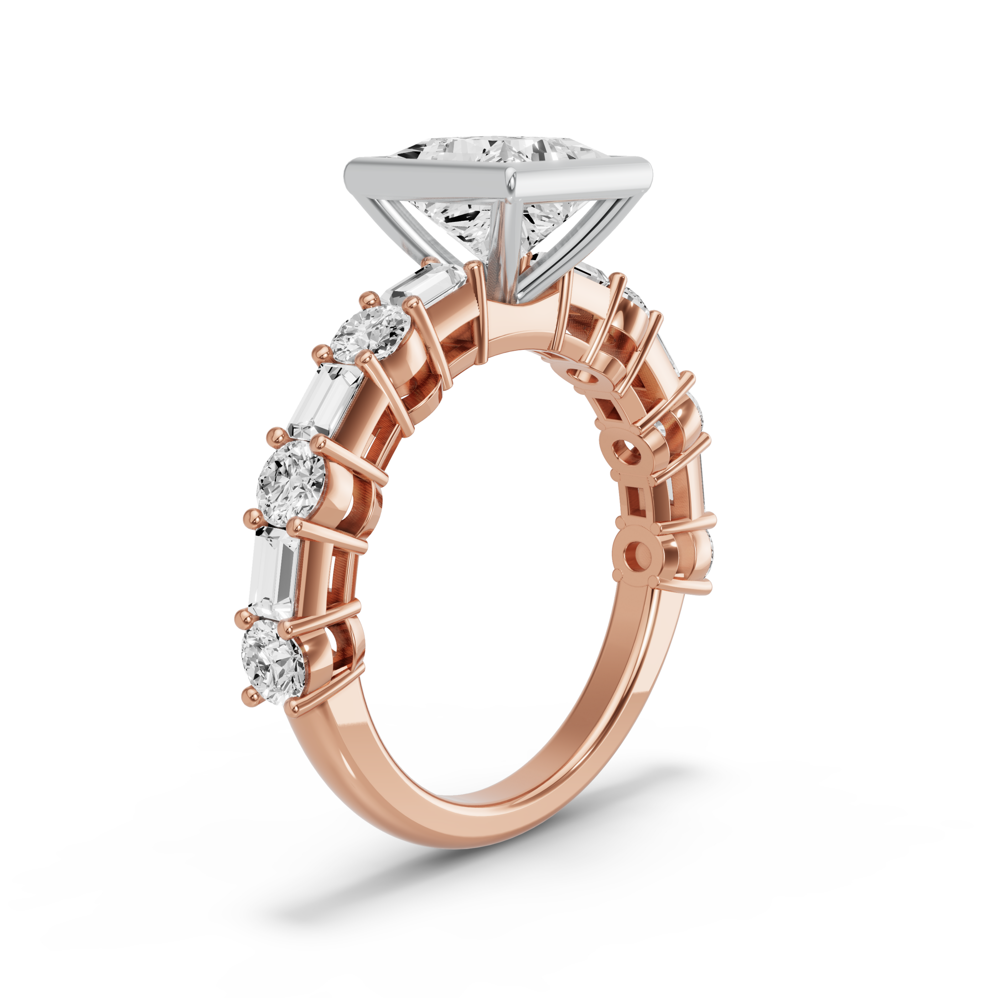 Image for Princess Classic Bezel Ring with Alternating Baguette band in 14K Two Tone Rose Gold
