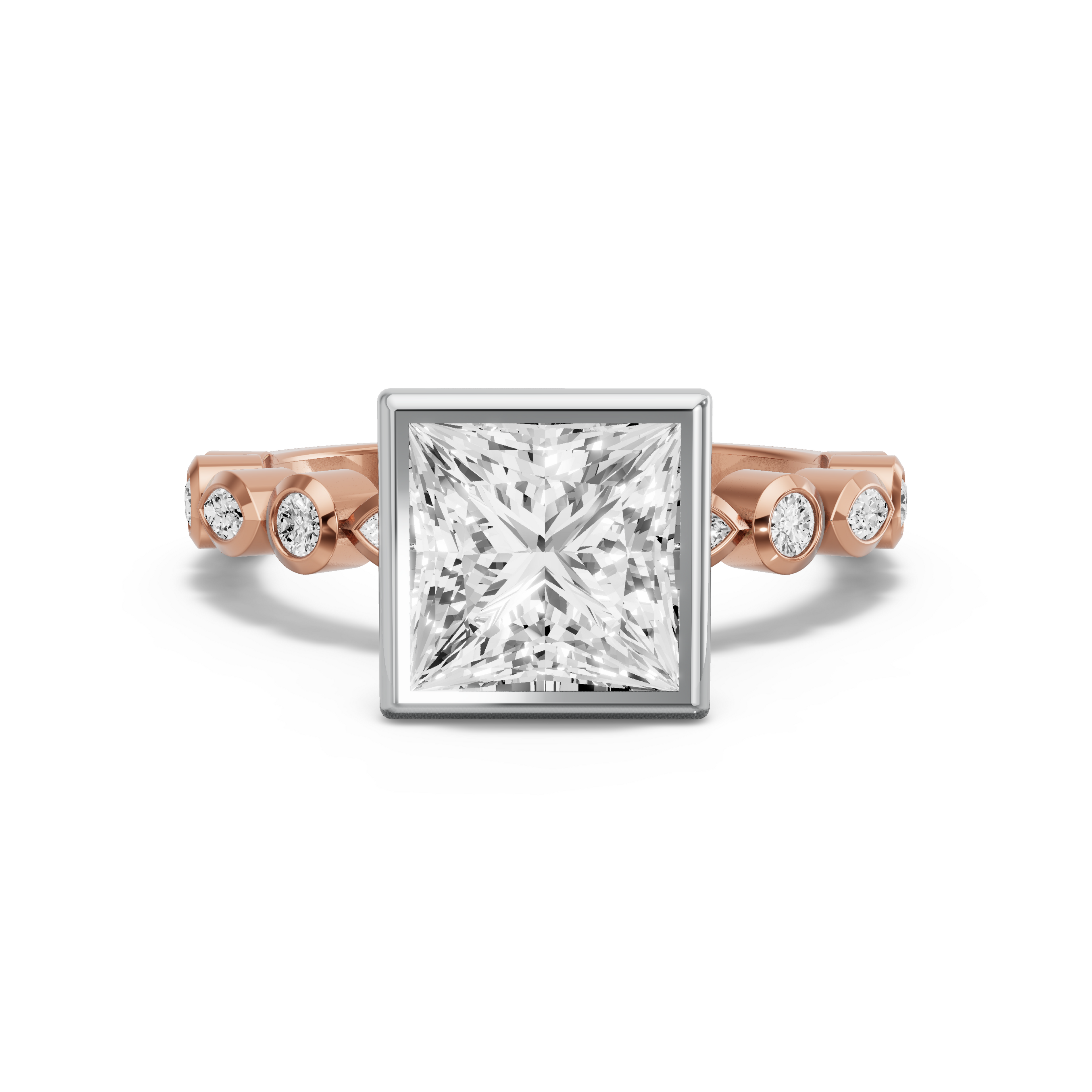 Image for Princess Classic Bezel Ring with Alternating Marquise band in 14K Two Tone Rose Gold