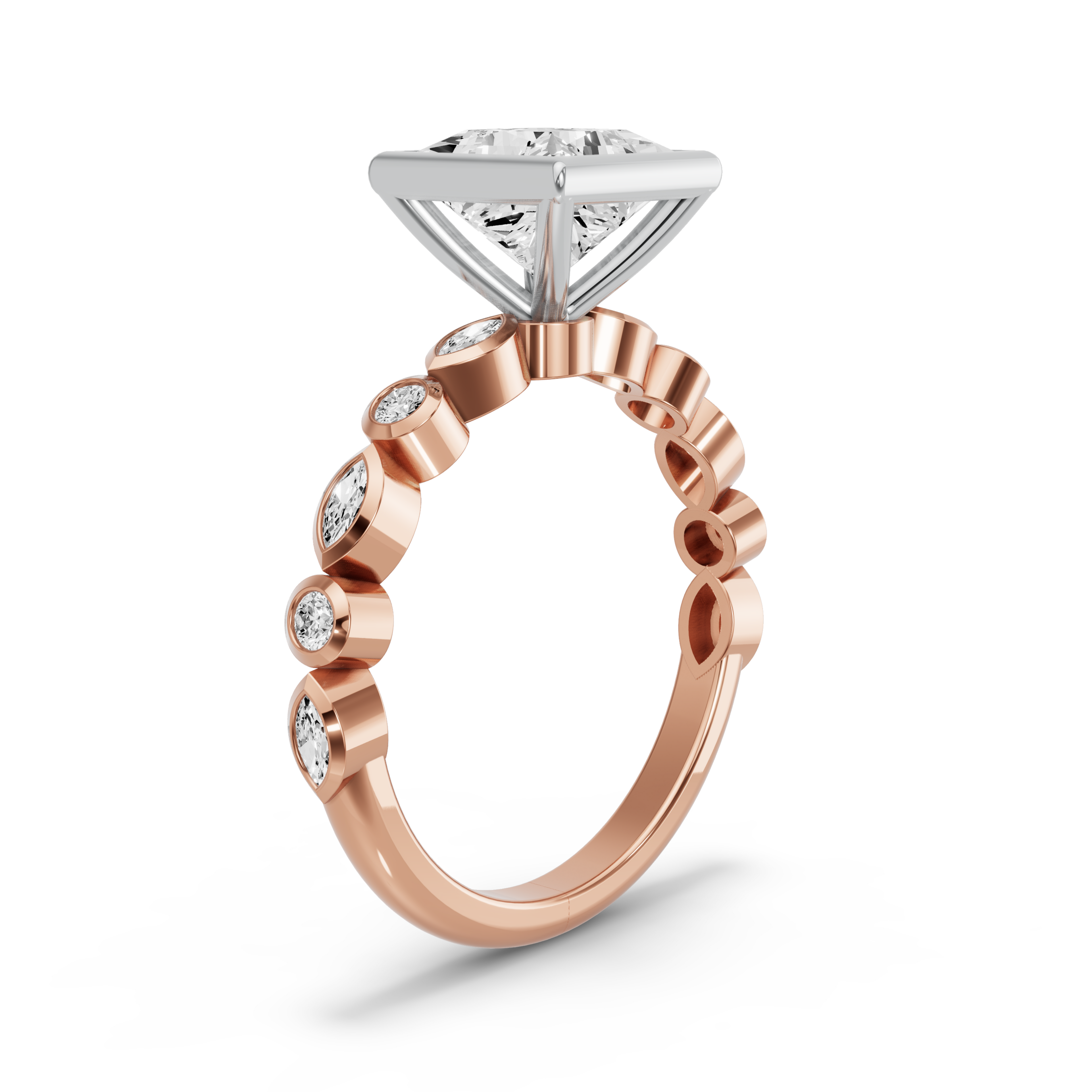 Image for Princess Classic Bezel Ring with Alternating Marquise band in 14K Two Tone Rose Gold