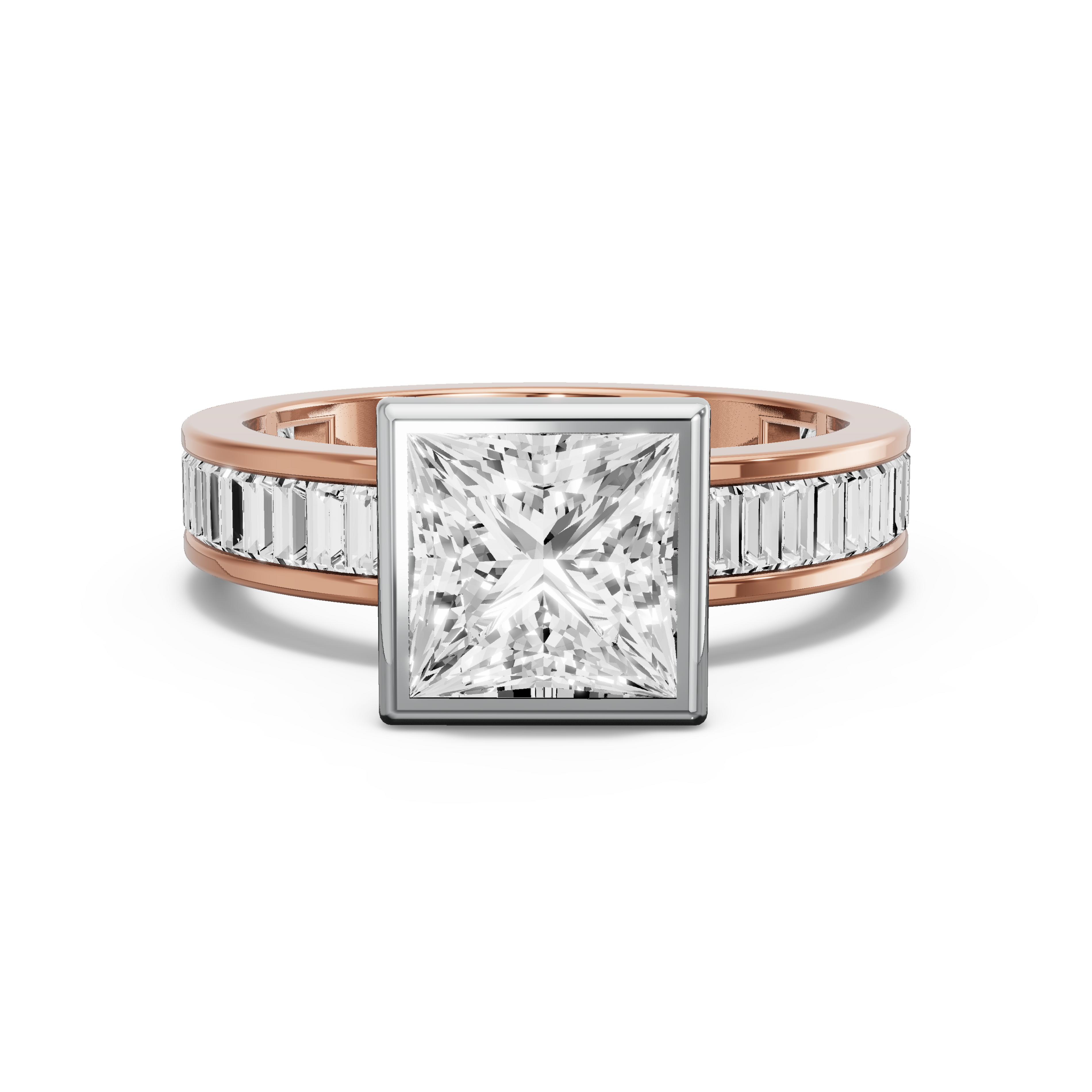 Image for Princess Classic Bezel Ring with Baguette Channel band in 18K Two Tone Yellow Gold