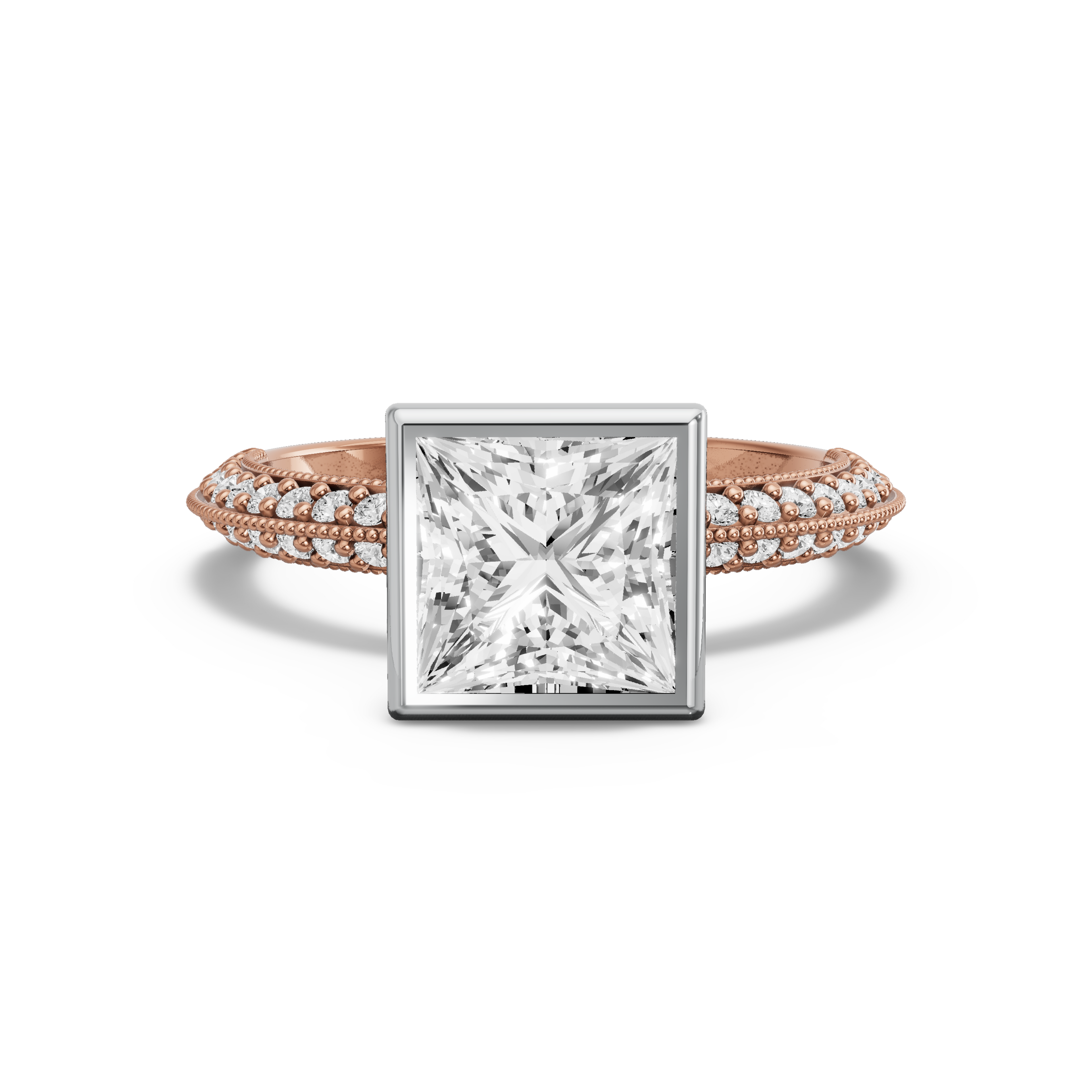 Image for Princess Classic Bezel Ring with Knife Edge Pave band in 14K Two Tone Yellow Gold