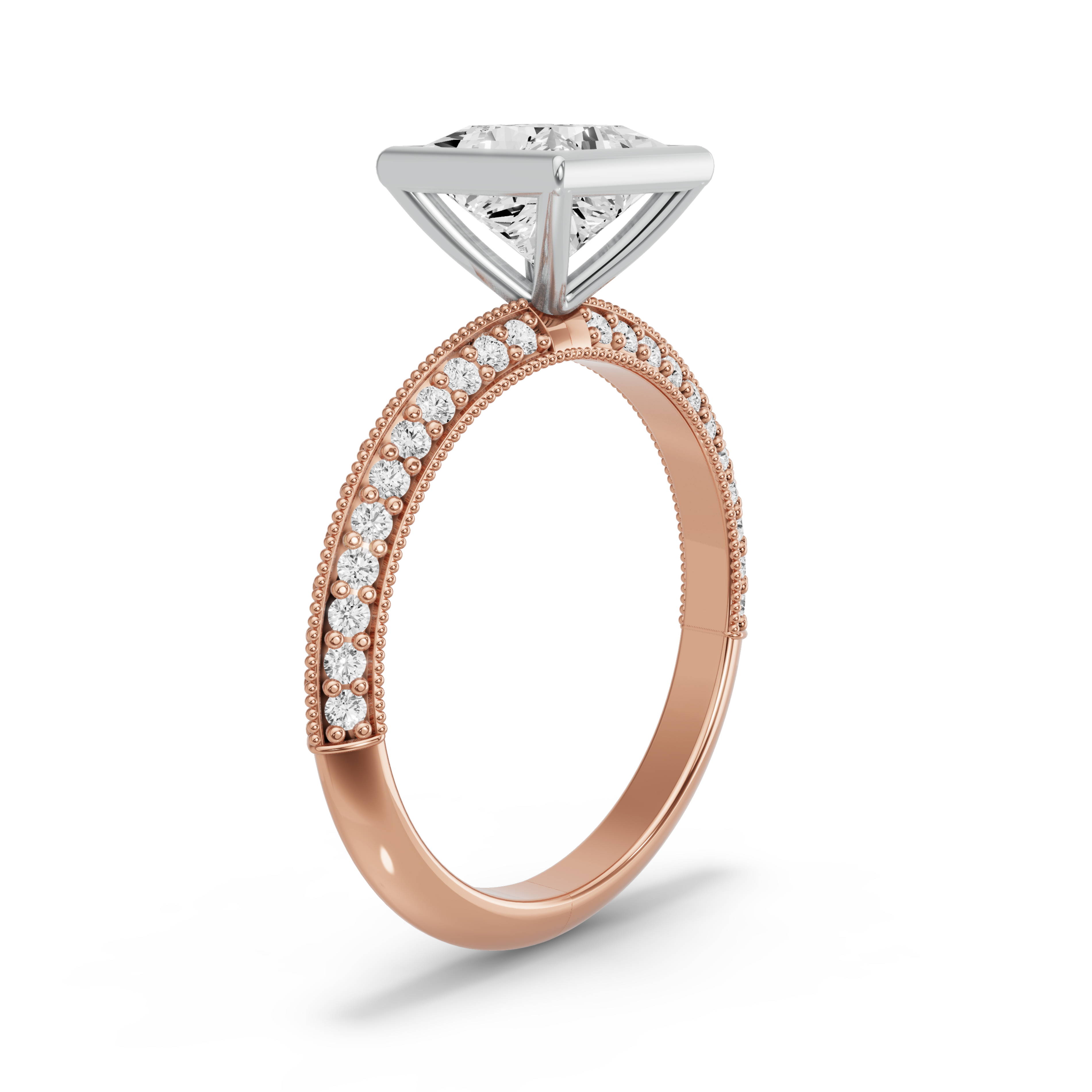 Image for Princess Classic Bezel Ring with Knife Edge Pave band in 18K Two Tone Rose Gold