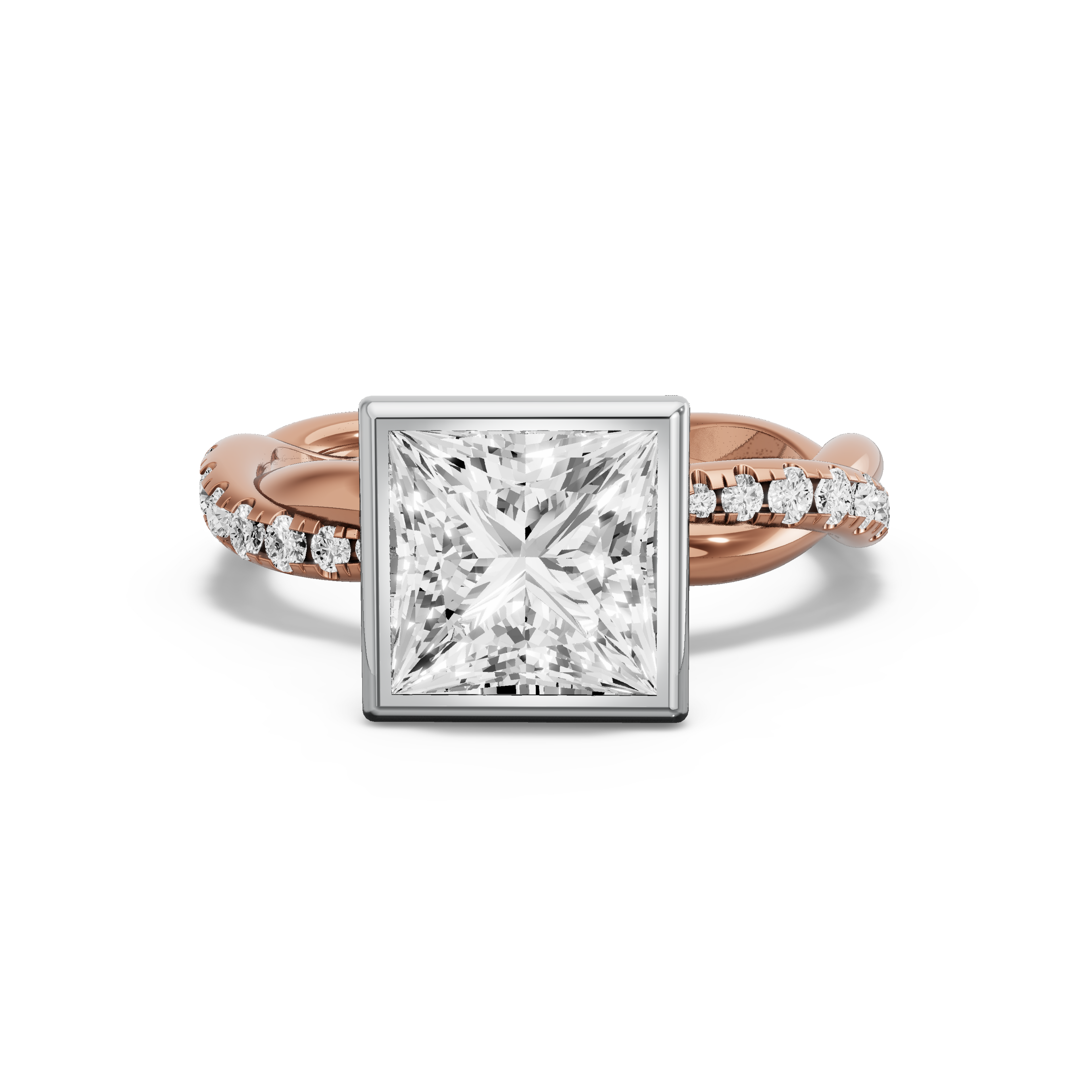 Image for Princess Classic Bezel Ring with Rope Pave band in 10K Two Tone Yellow Gold
