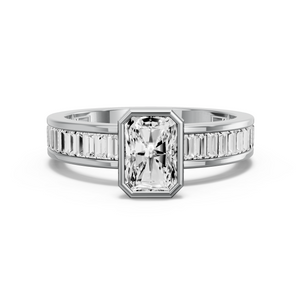 Image for Radiant Classic Bezel Ring with Baguette Channel band in 18K White Gold