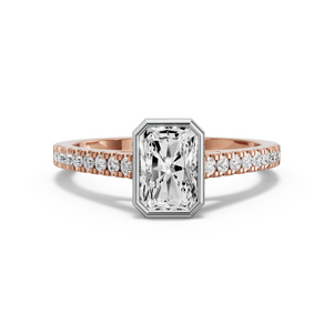 Image for Radiant Classic Bezel Ring with Cathedral Pave band in 10K Two Tone Rose Gold