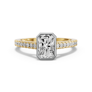 Image for Radiant Classic Bezel Ring with Cathedral Pave band in 18K Two Tone Yellow Gold