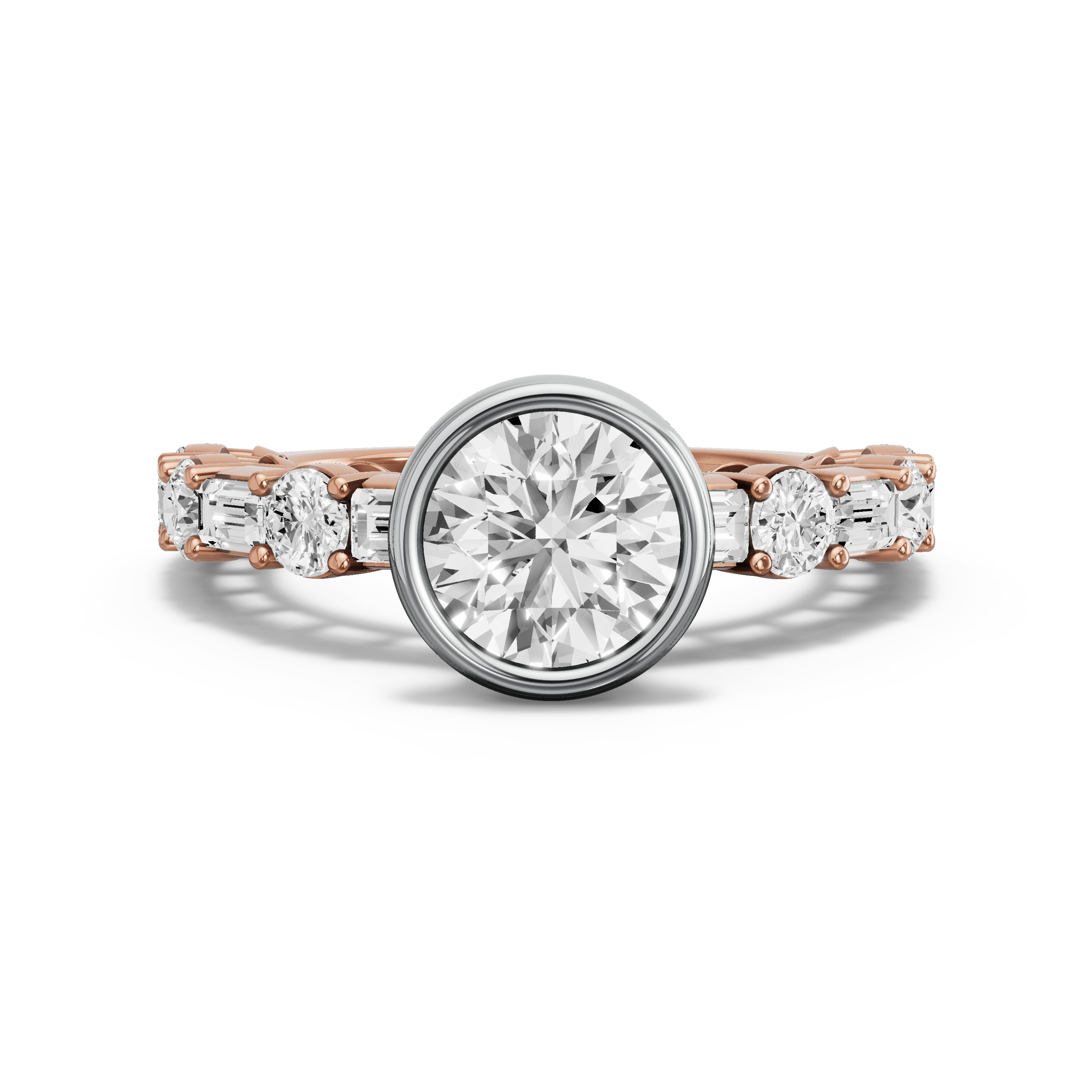 Image for Round Classic Bezel Ring with Alternating Baguette band in 10K Two Tone Rose Gold