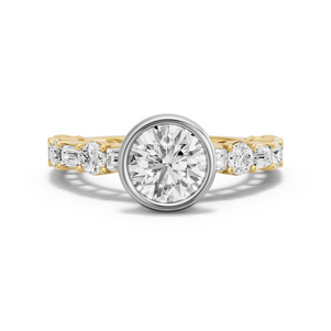 Image for Round Classic Bezel Ring with Alternating Baguette band in 18K Two Tone Yellow Gold