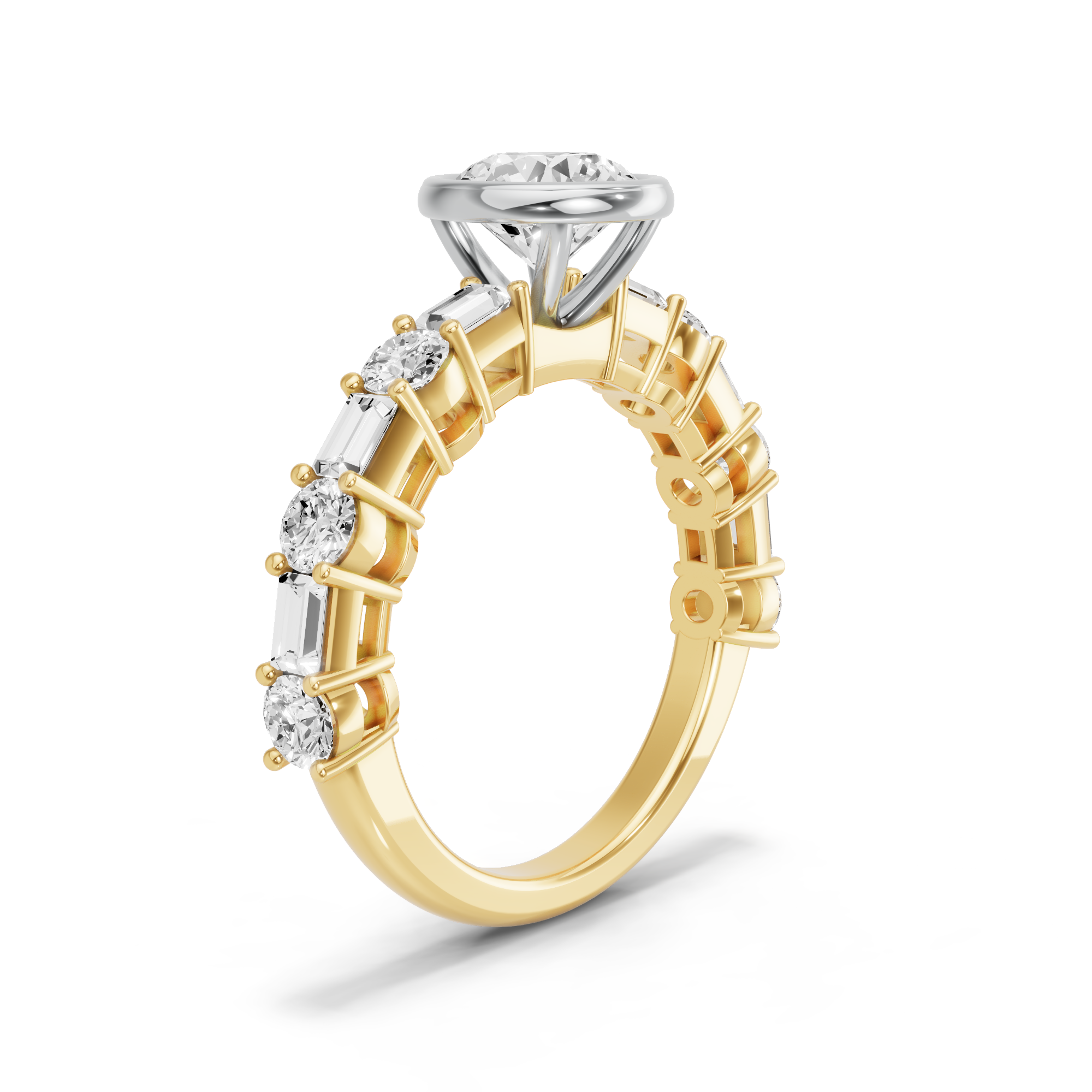 Image for Round Classic Bezel Ring with Alternating Baguette band