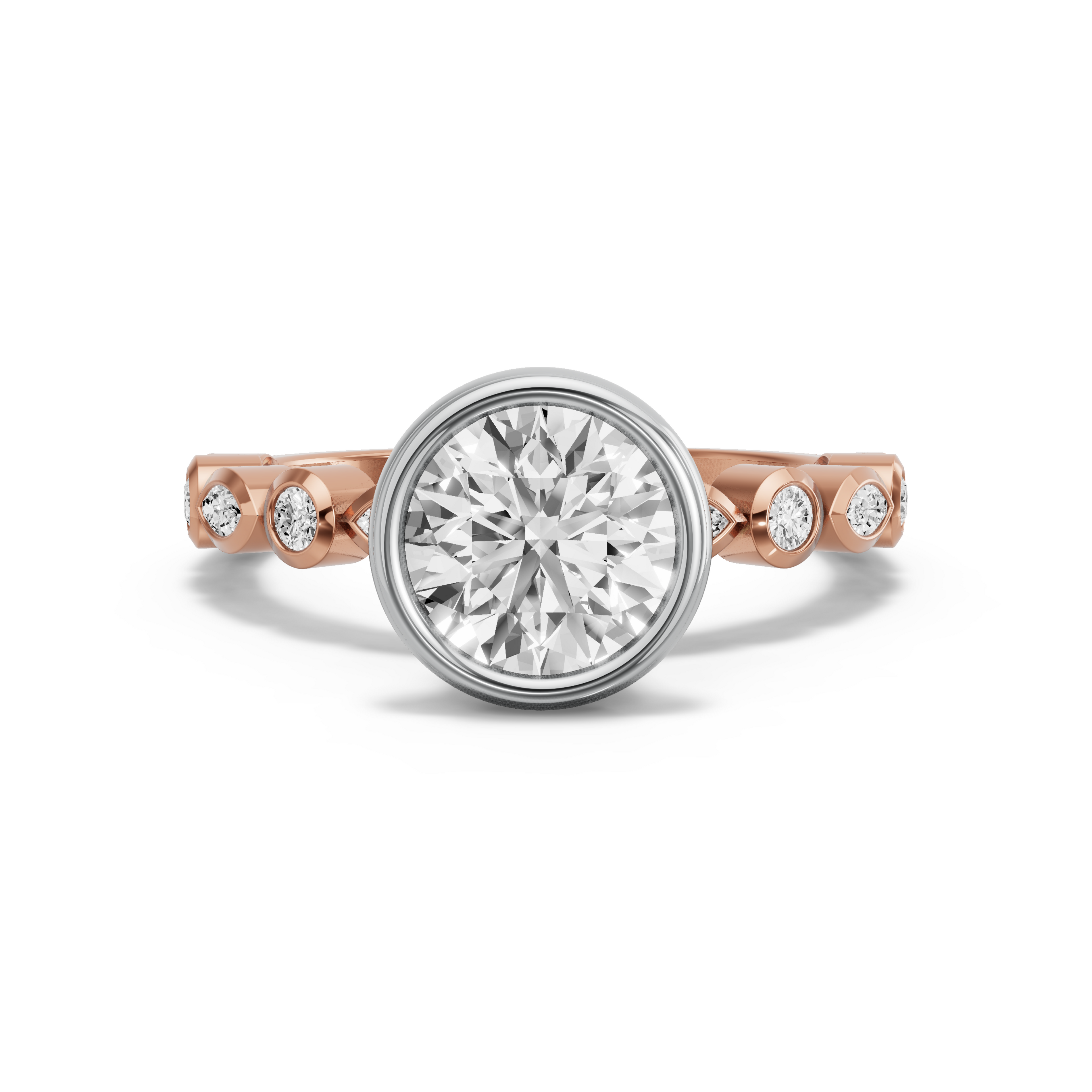 Image for Round Classic Bezel Ring with Alternating Marquise band in 18K Two Tone Rose Gold