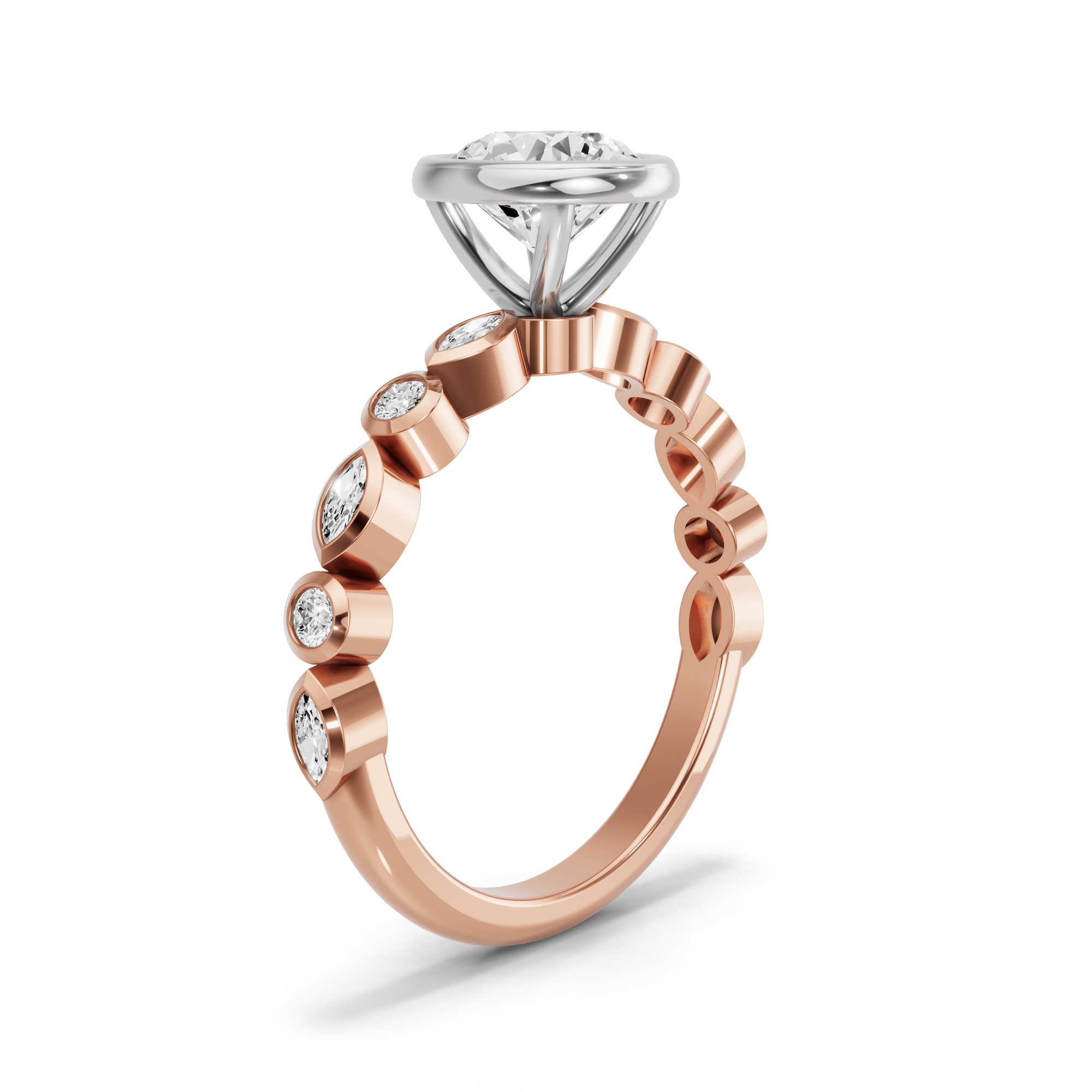 Image for Round Classic Bezel Ring with Alternating Marquise band in 10K Two Tone Rose Gold
