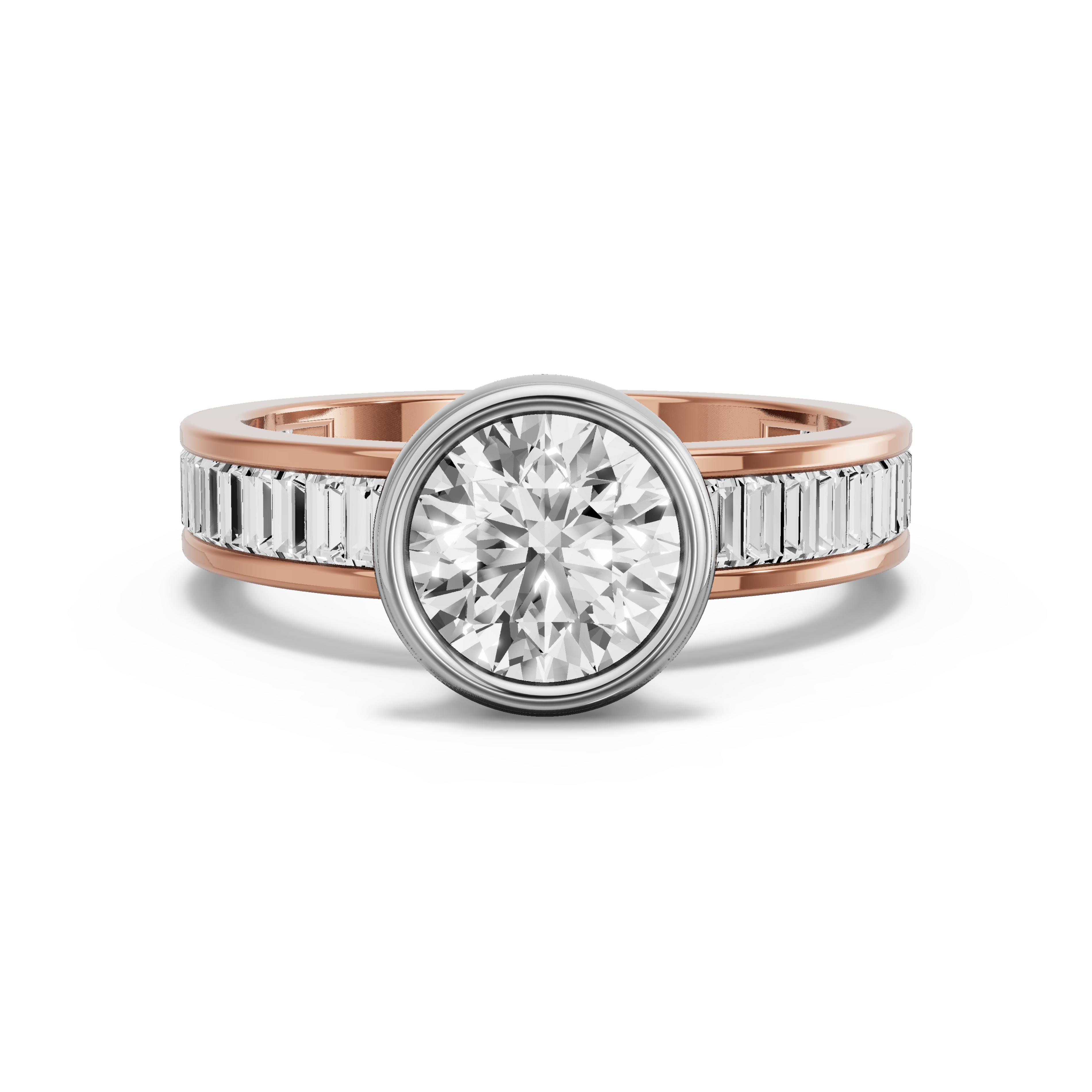 Image for Round Classic Bezel Ring with Baguette Channel band in 14K Two Tone Rose Gold
