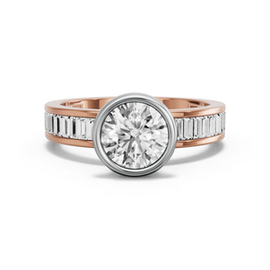Image for Round Classic Bezel Ring with Baguette Channel band in 18K Two Tone Rose Gold