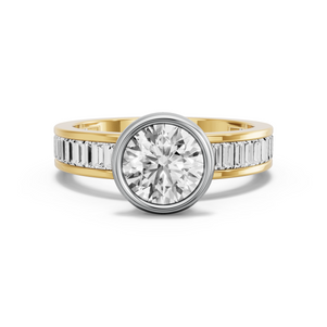 Image for Round Classic Bezel Ring with Baguette Channel band in 18K Two Tone Yellow Gold