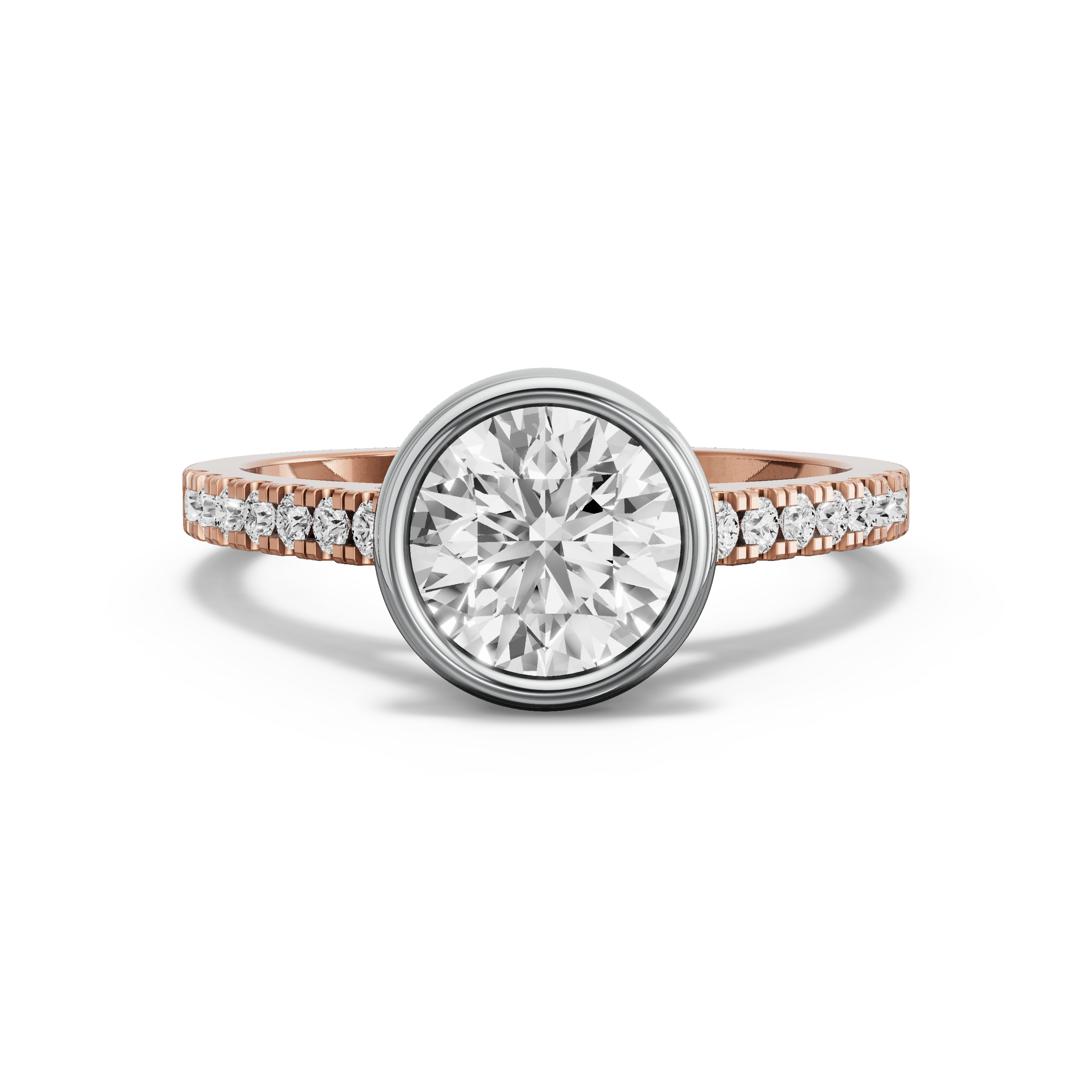 Image for Round Classic Bezel Ring with Cathedral Pave band in 10K Two Tone Rose Gold