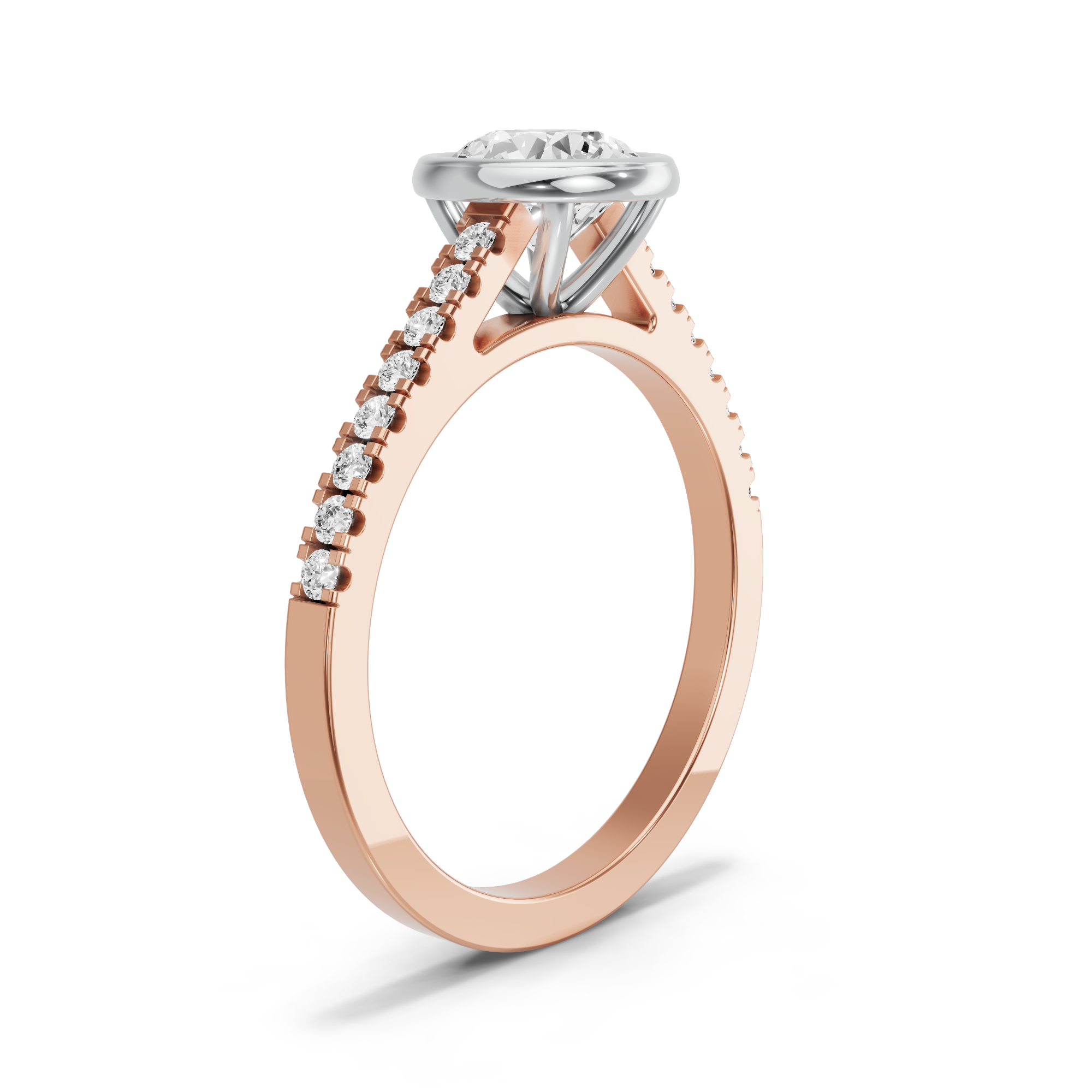 Image for Round Classic Bezel Ring with Cathedral Pave band in 18K Two Tone Rose Gold