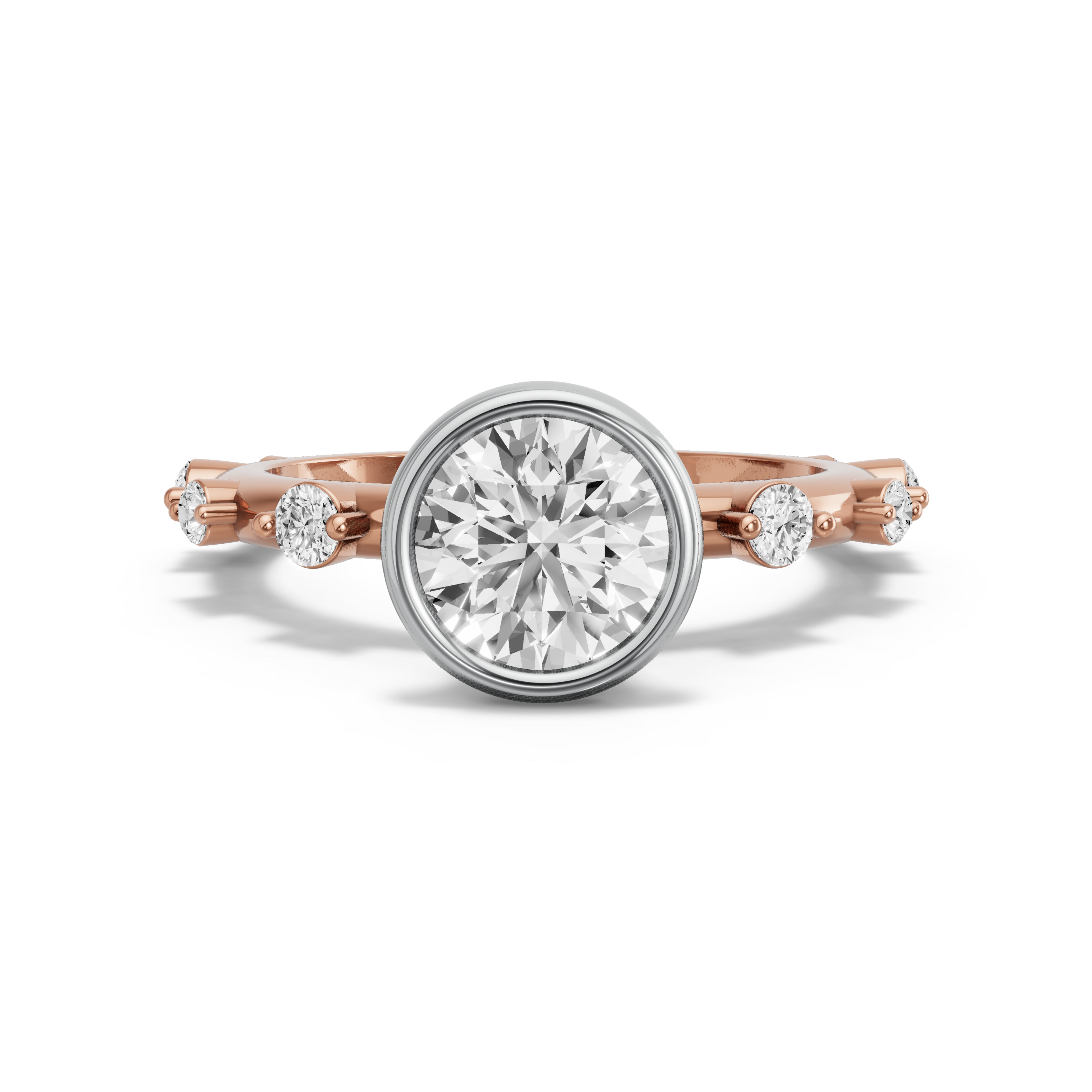 Image for Round Classic Bezel Ring with Floating Station band in 14K Two Tone Rose Gold