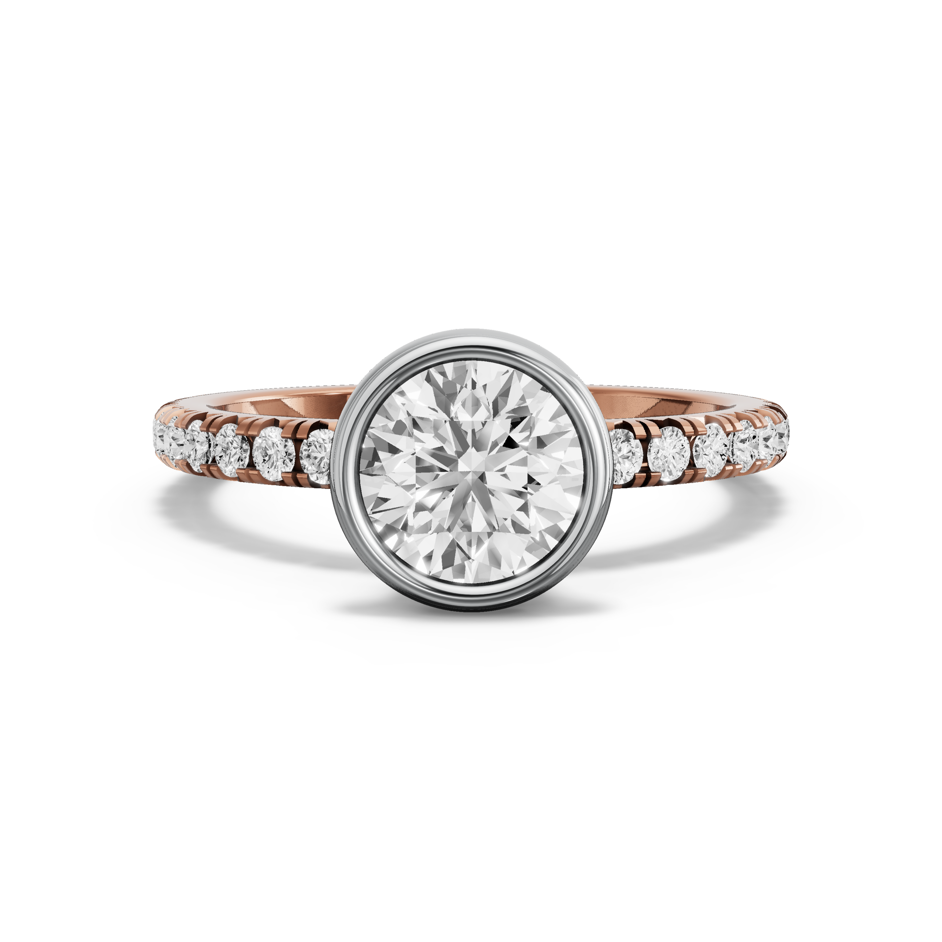 Image for Round Classic Bezel Ring with French Pave band in 18K Two Tone Rose Gold