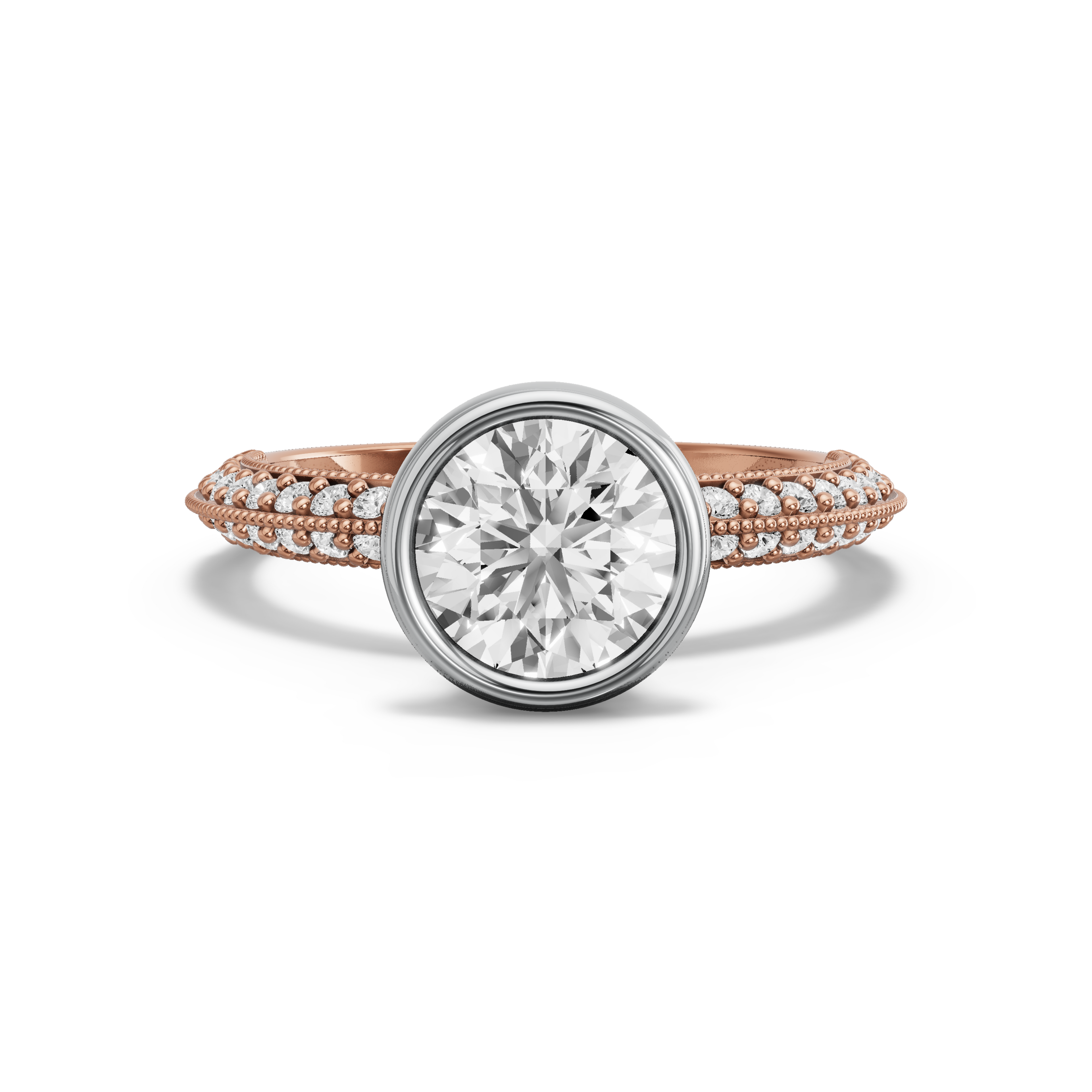 Image for Round Classic Bezel Ring with Knife Edge Pave band in 18K Two Tone Rose Gold