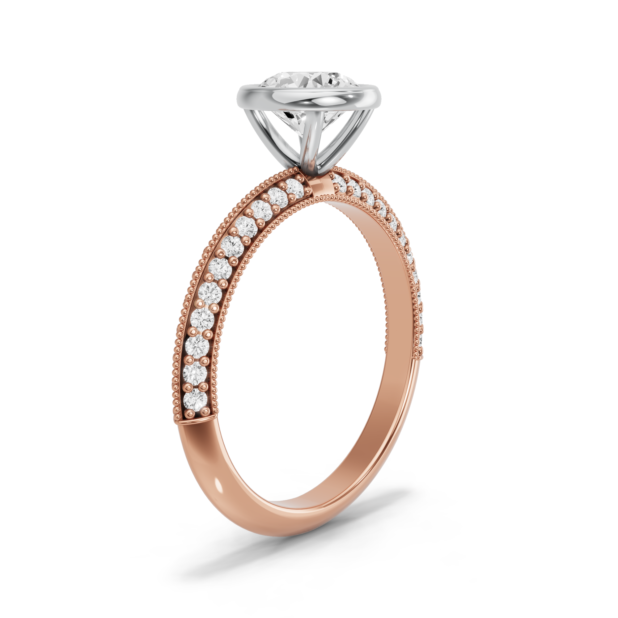 Image for Round Classic Bezel Ring with Knife Edge Pave band in 10K Two Tone Rose Gold