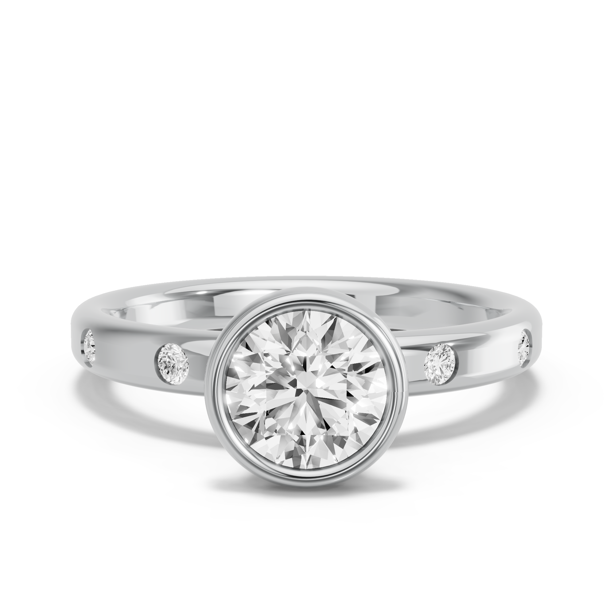 Image for Round Classic Bezel Ring with Sleek Accent band in 10K White Gold