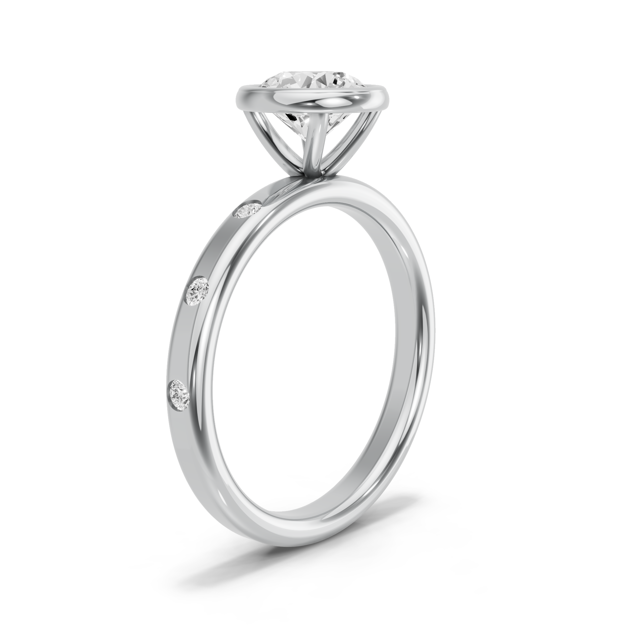 Image for Round Classic Bezel Ring with Sleek Accent band in 10K White Gold