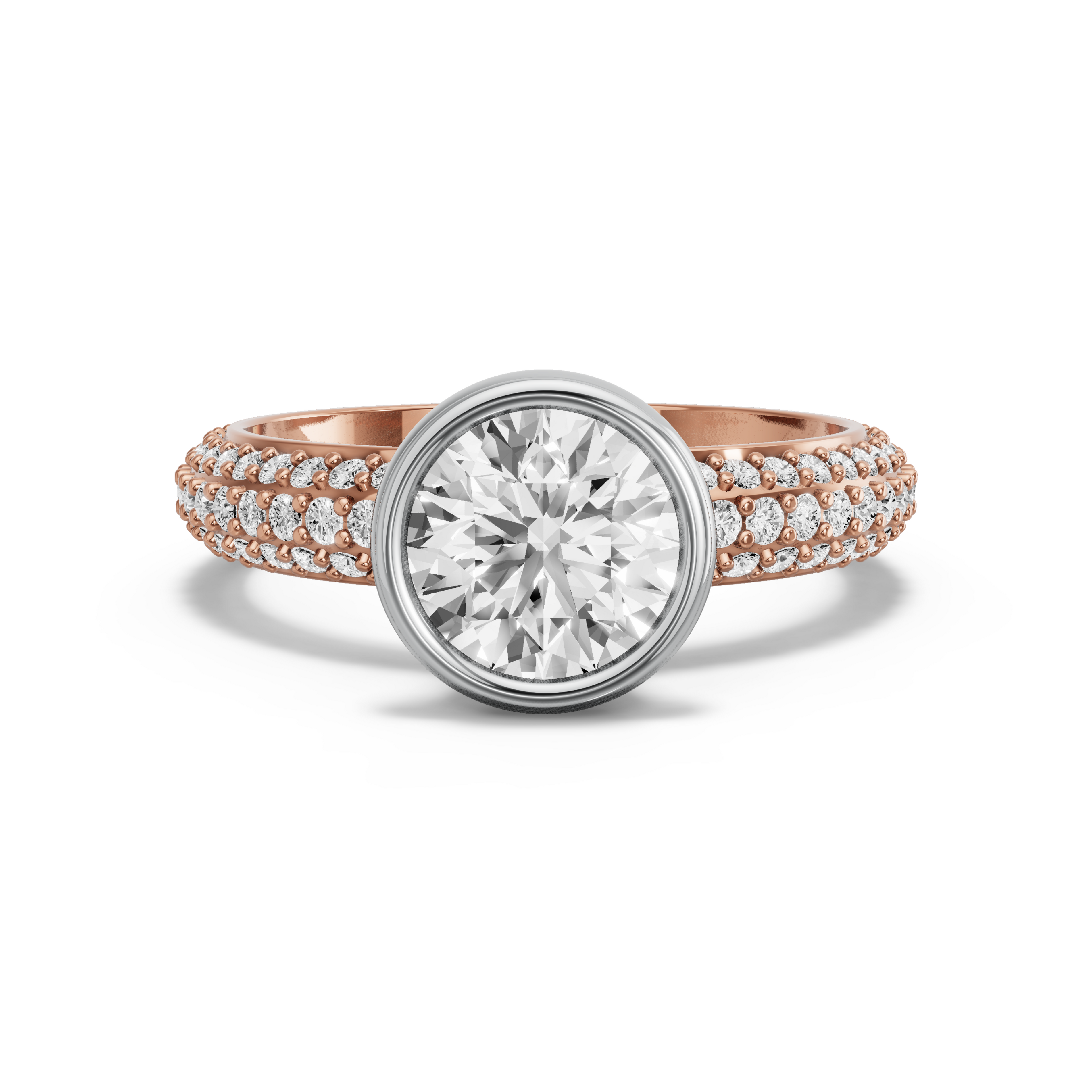 Image for Round Classic Bezel Ring with Triple Row Pave band in 10K Two Tone Rose Gold