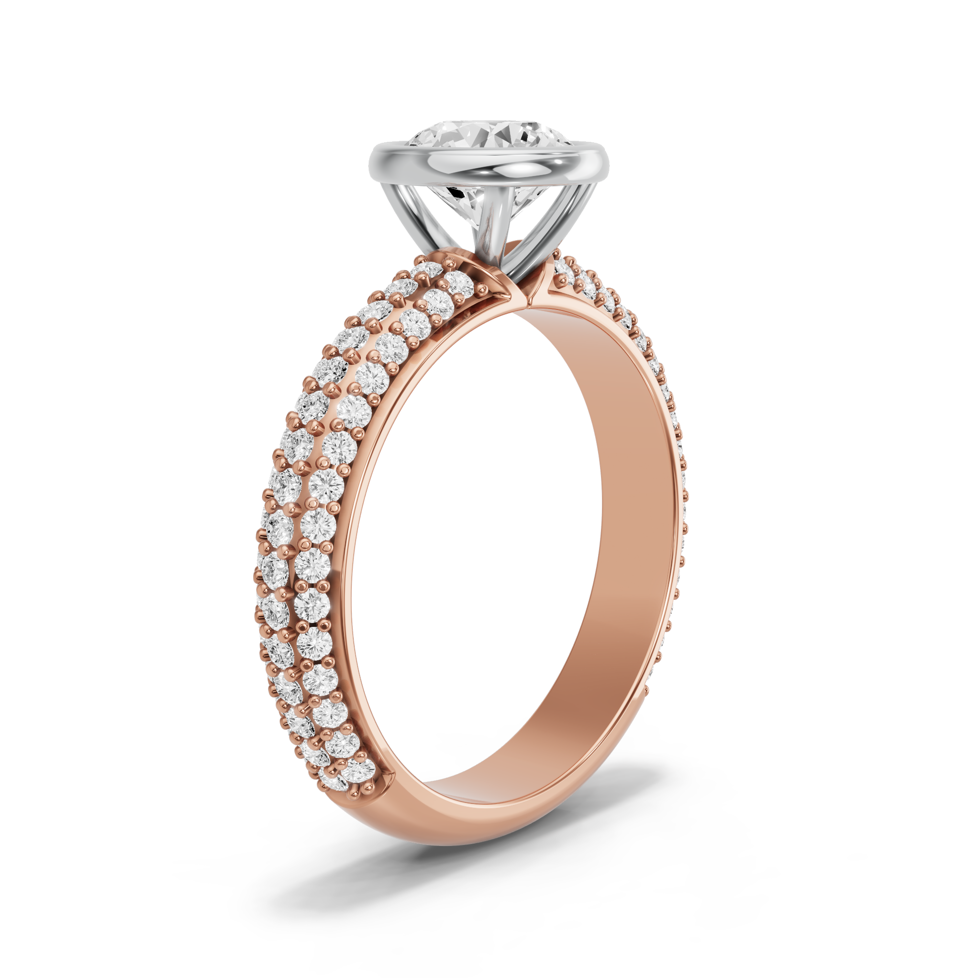 Image for Round Classic Bezel Ring with Triple Row Pave band in 18K Two Tone Rose Gold