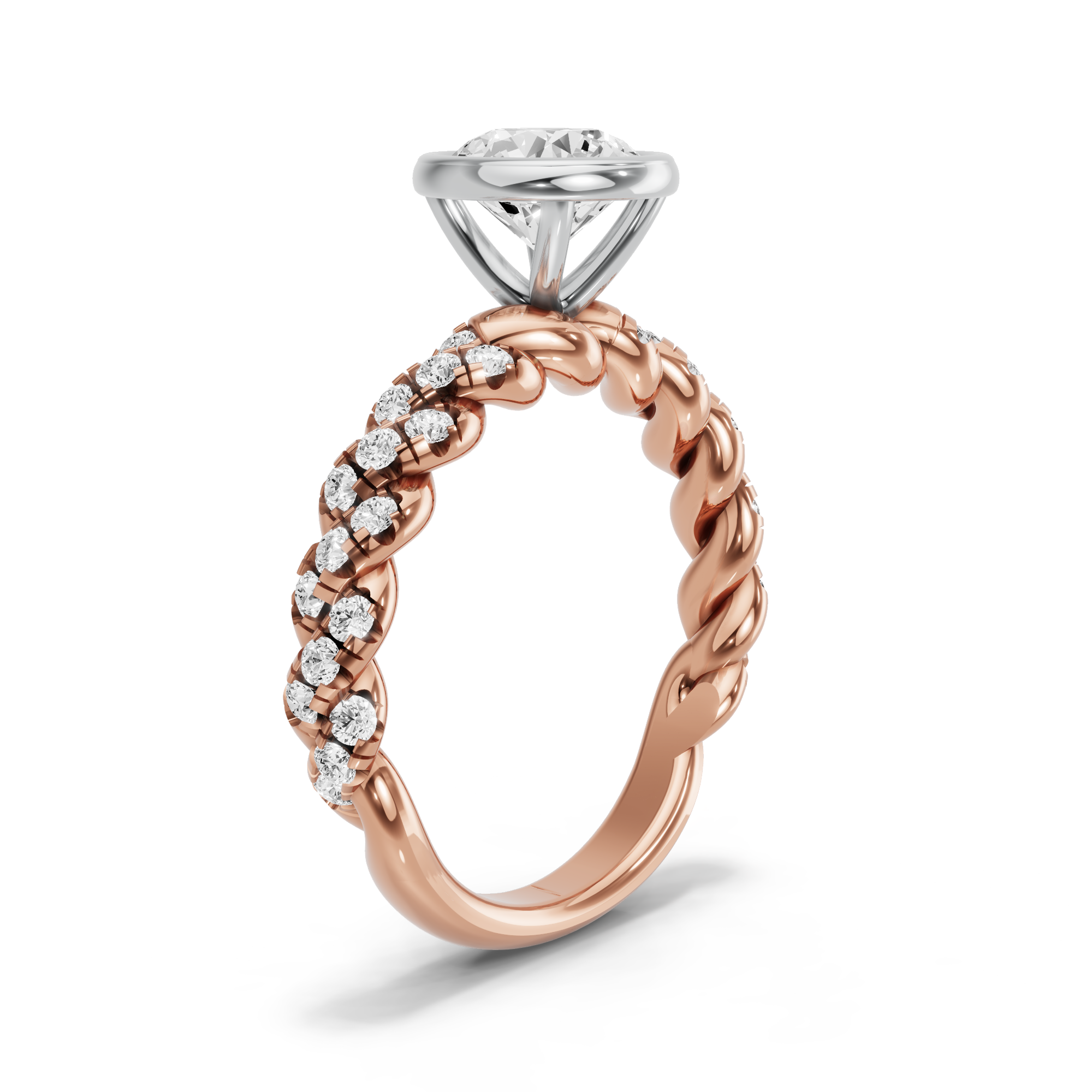 Image for Round Classic Bezel Ring with Twist Pave band in 18K Two Tone Rose Gold