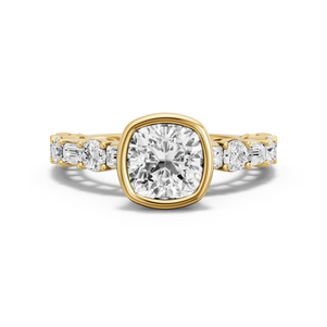Image for Square Cushion Classic Bezel Ring with Alternating Baguette band in 14K Yellow Gold