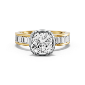 Image for Square Cushion Classic Bezel Ring with Baguette Channel band in 14K Two Tone Yellow Gold