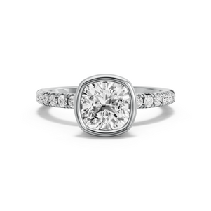 Image for Square Cushion Classic Bezel Ring with French Pave band in 18K White Gold