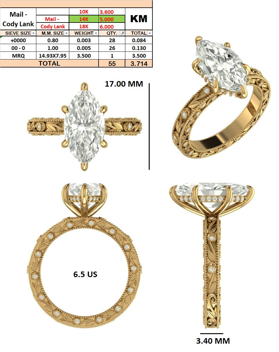 Custom Order - Cody Lark | 3.51ct Marquise diamond | F/VVS | Report Number - 778632629 | 14k Yellow gold | Ring size - 6.5