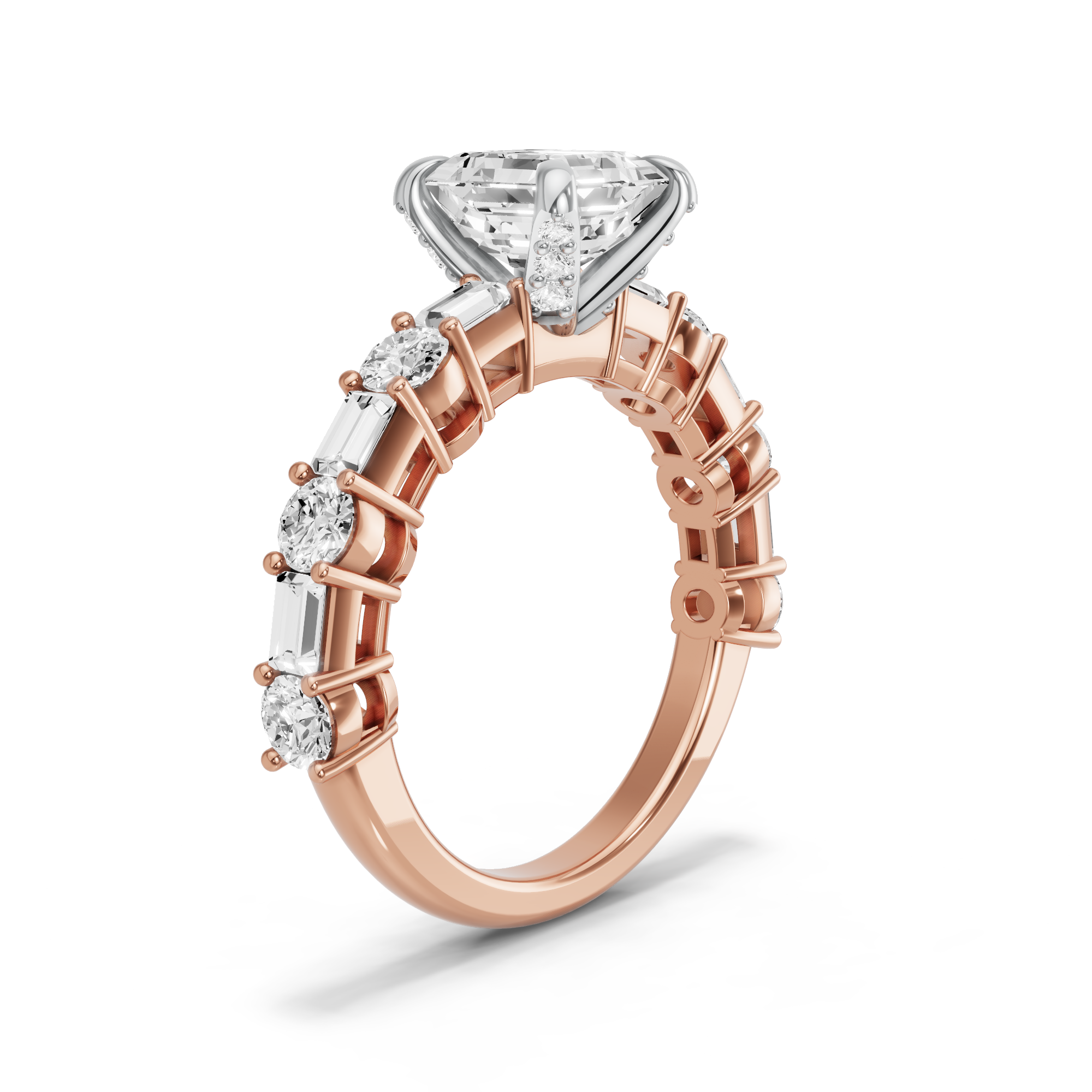 Image for Asscher Diamond Tulip Ring with Alternating Baguette band in 10K Two Tone Yellow Gold