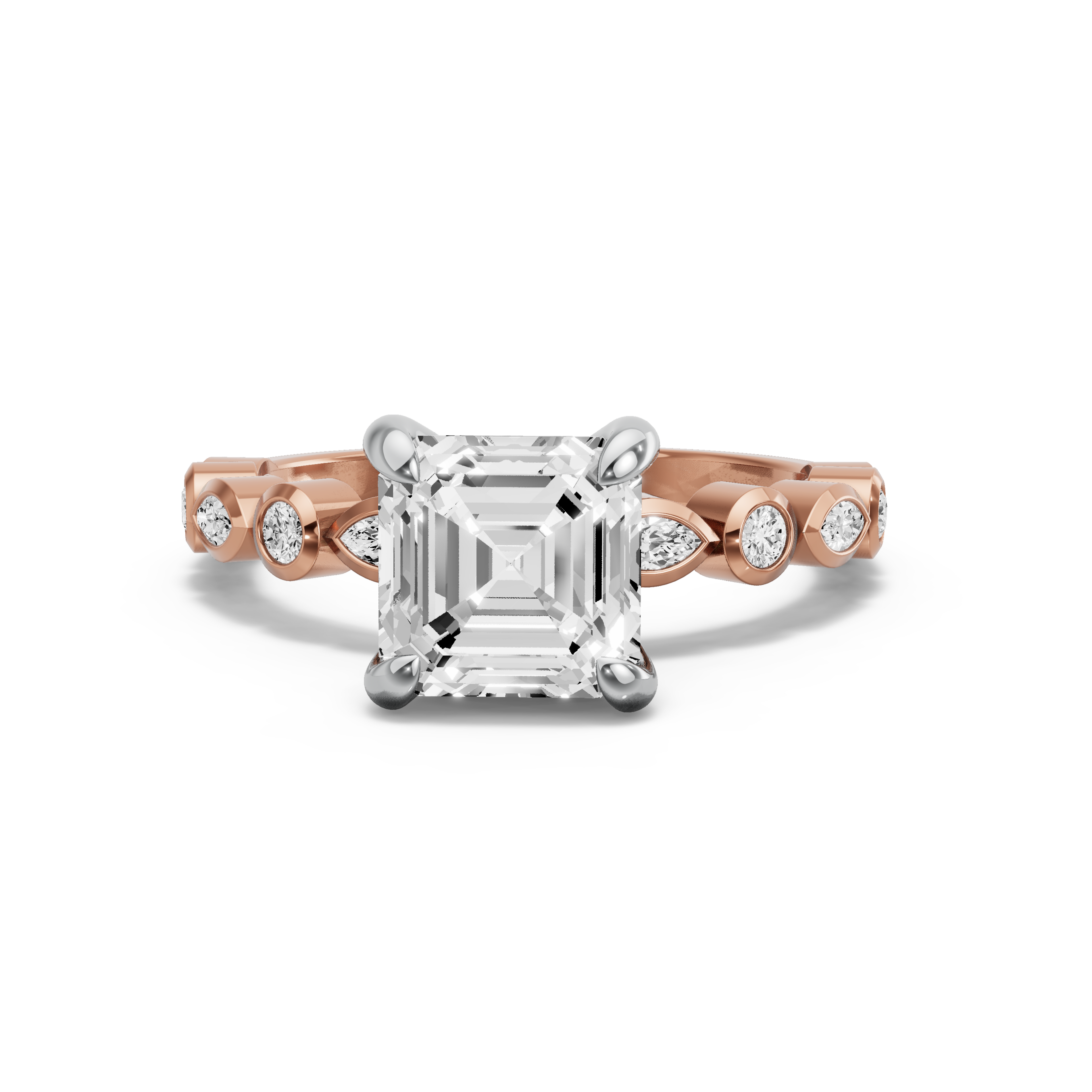 Image for Asscher Diamond Tulip Ring with Alternating Marquise band in 18K Two Tone Rose Gold