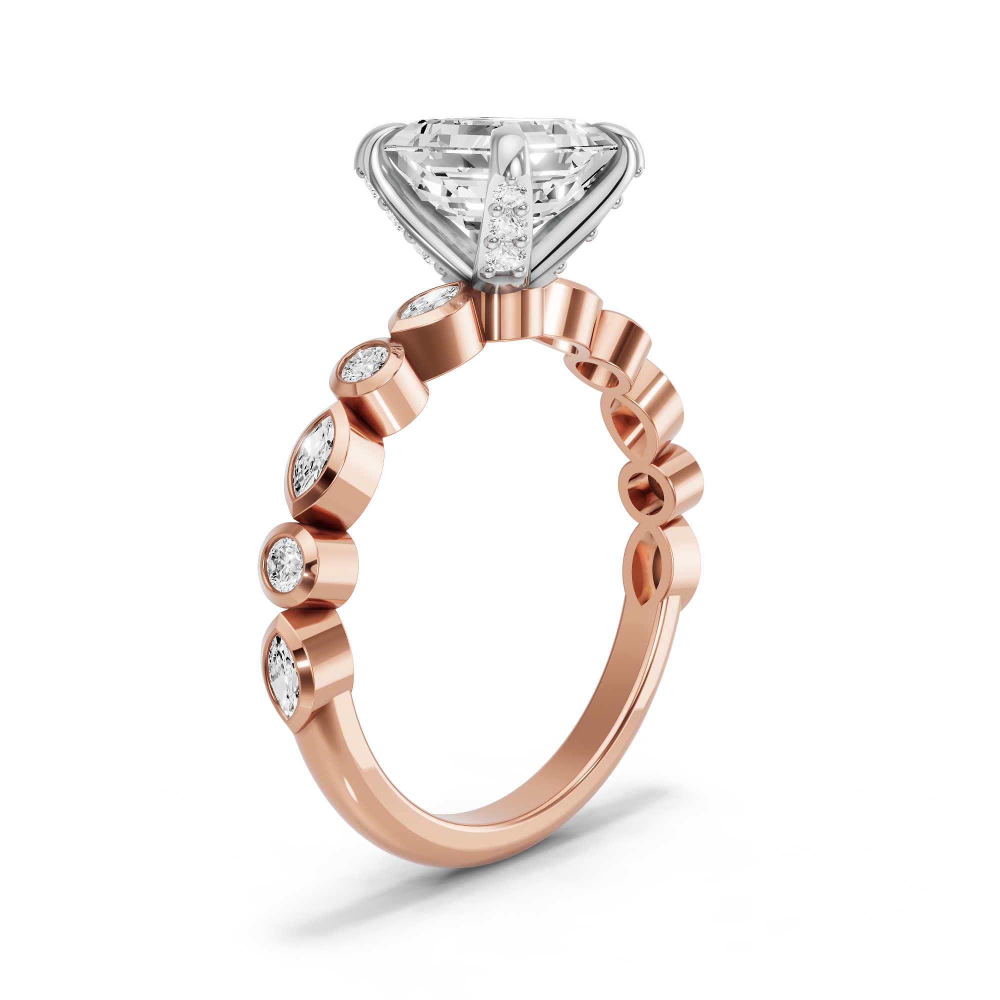 Image for Asscher Diamond Tulip Ring with Alternating Marquise band in 18K Two Tone Yellow Gold