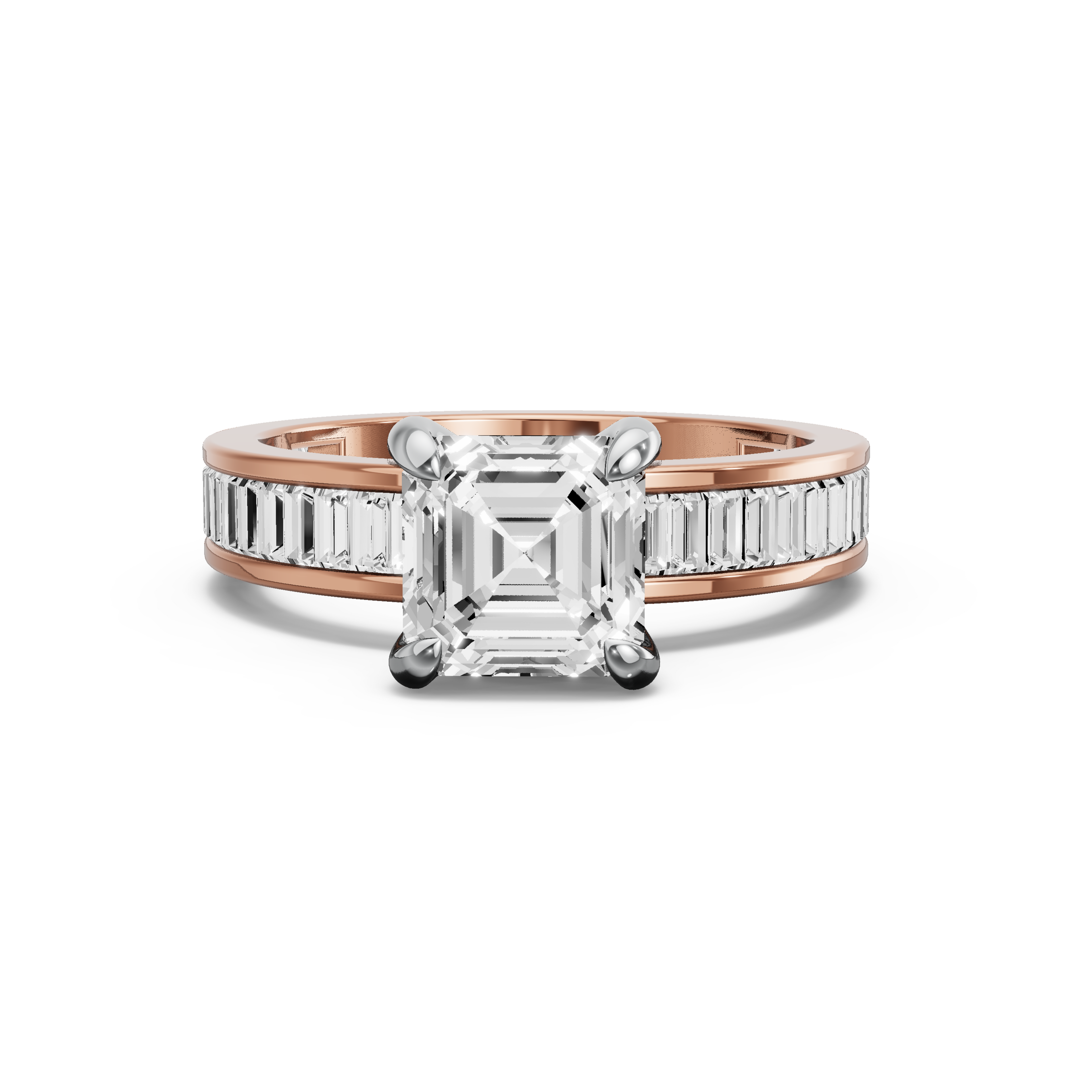 Image for Asscher Diamond Tulip Ring with Baguette Channel band in 18K Two Tone Rose Gold
