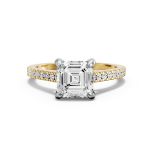 Image for Asscher Diamond Tulip Ring with Cathedral Pave band in 14K Two Tone Yellow Gold
