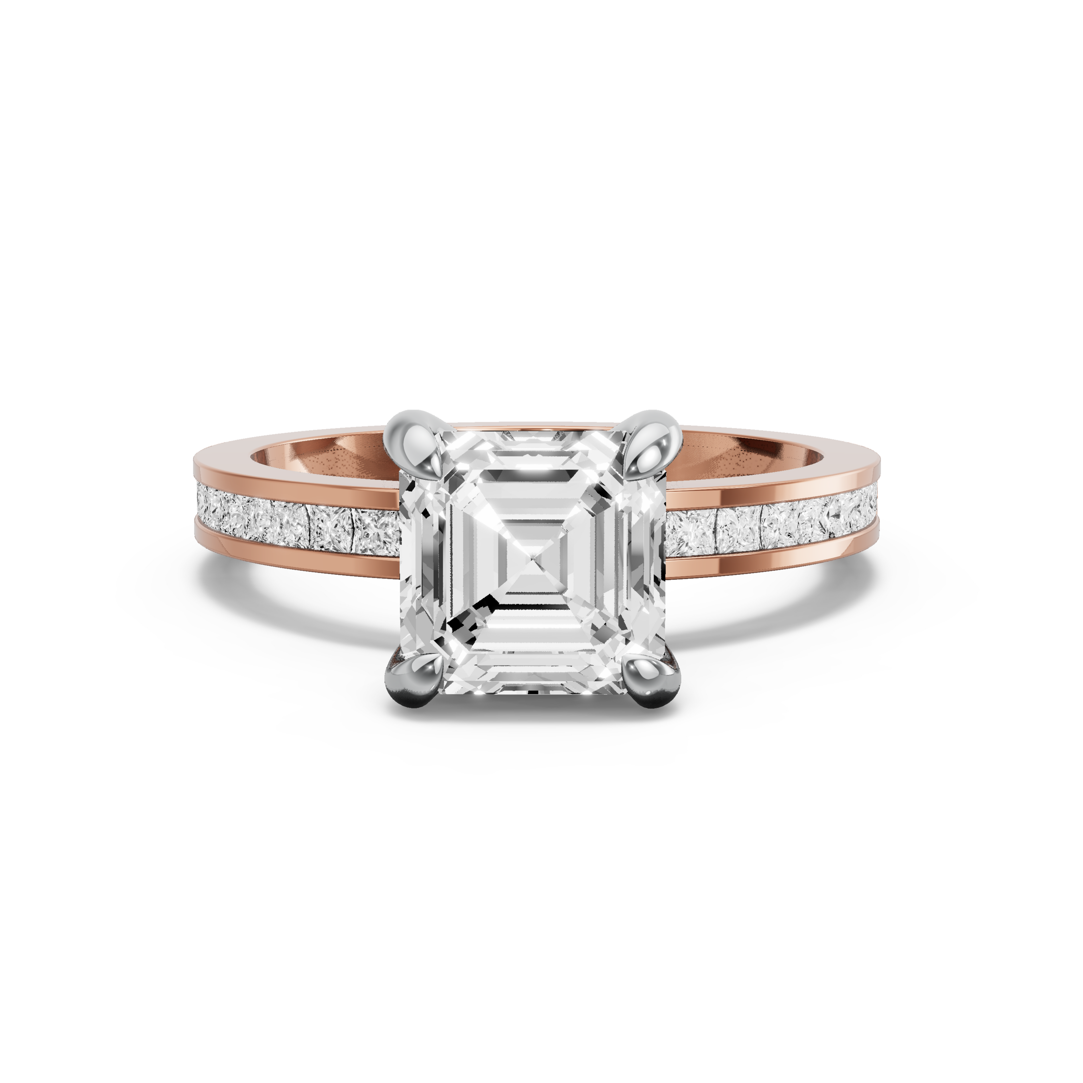 Image for Asscher Diamond Tulip Ring with Channel band in 14K Two Tone Rose Gold