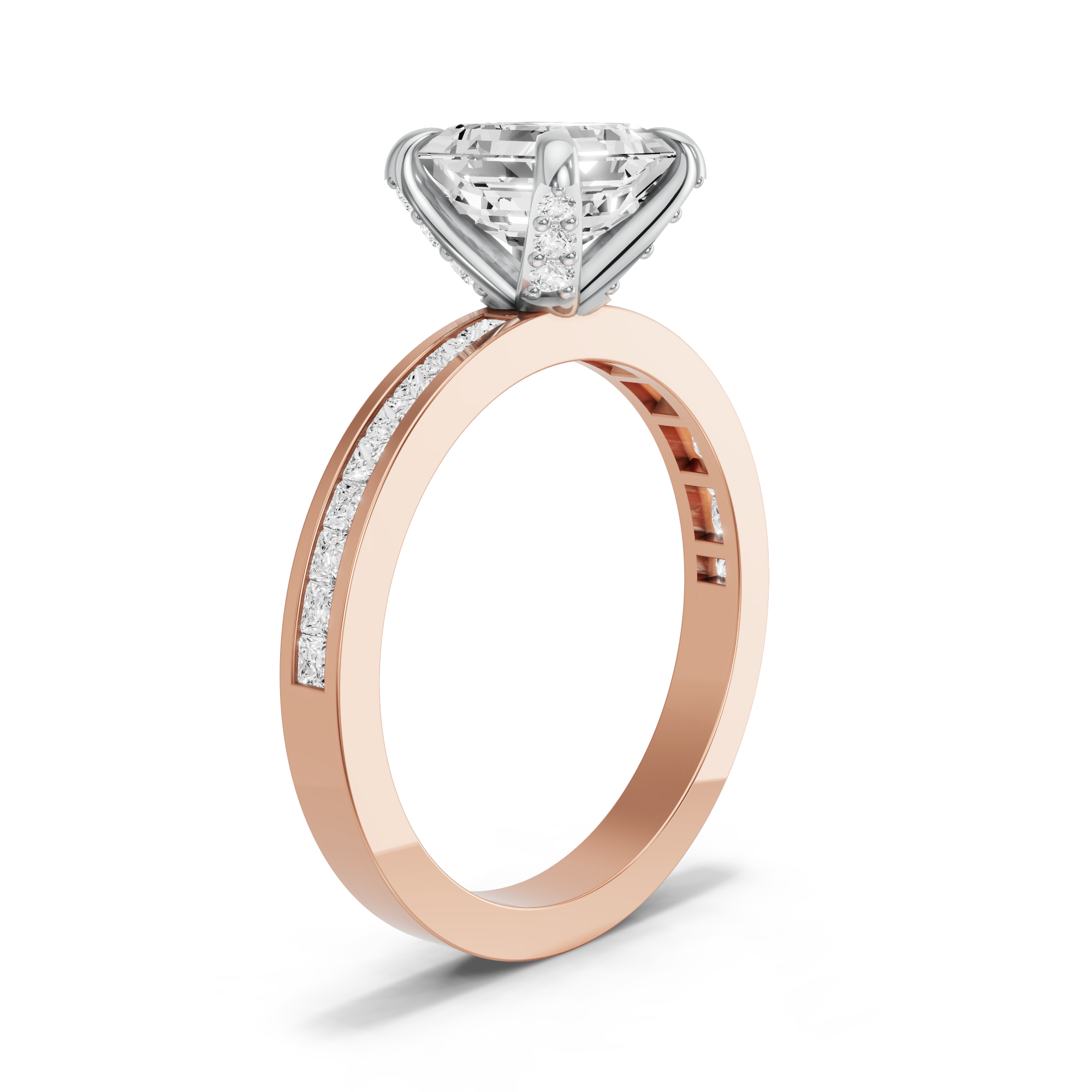 Image for Asscher Diamond Tulip Ring with Channel band in 14K Two Tone Yellow Gold